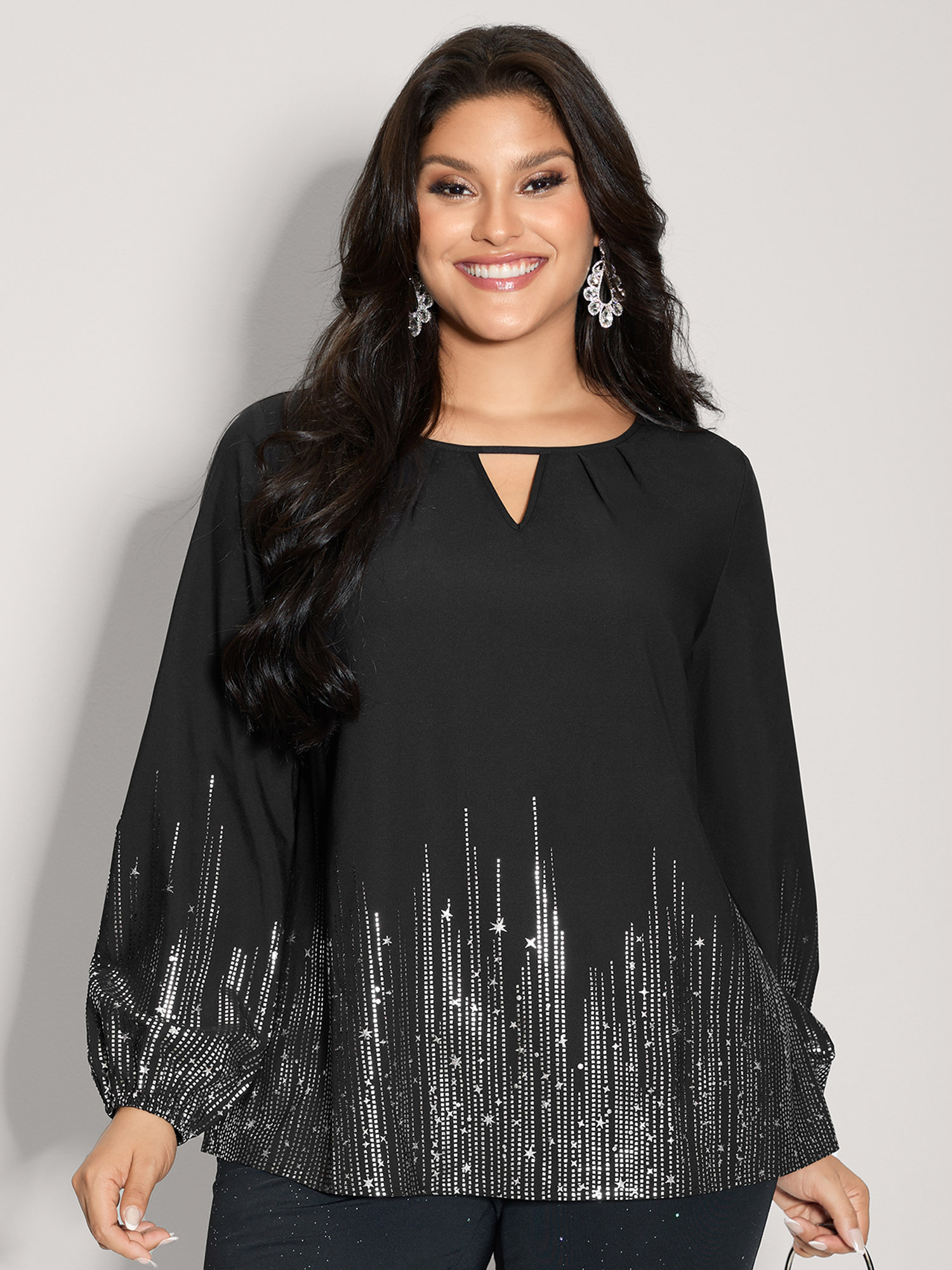 BloomChic Women's Plus Size Shimmery Cut-Out Neck Blouse Black Metallic Party Long Sleeve Round Neck 10/M