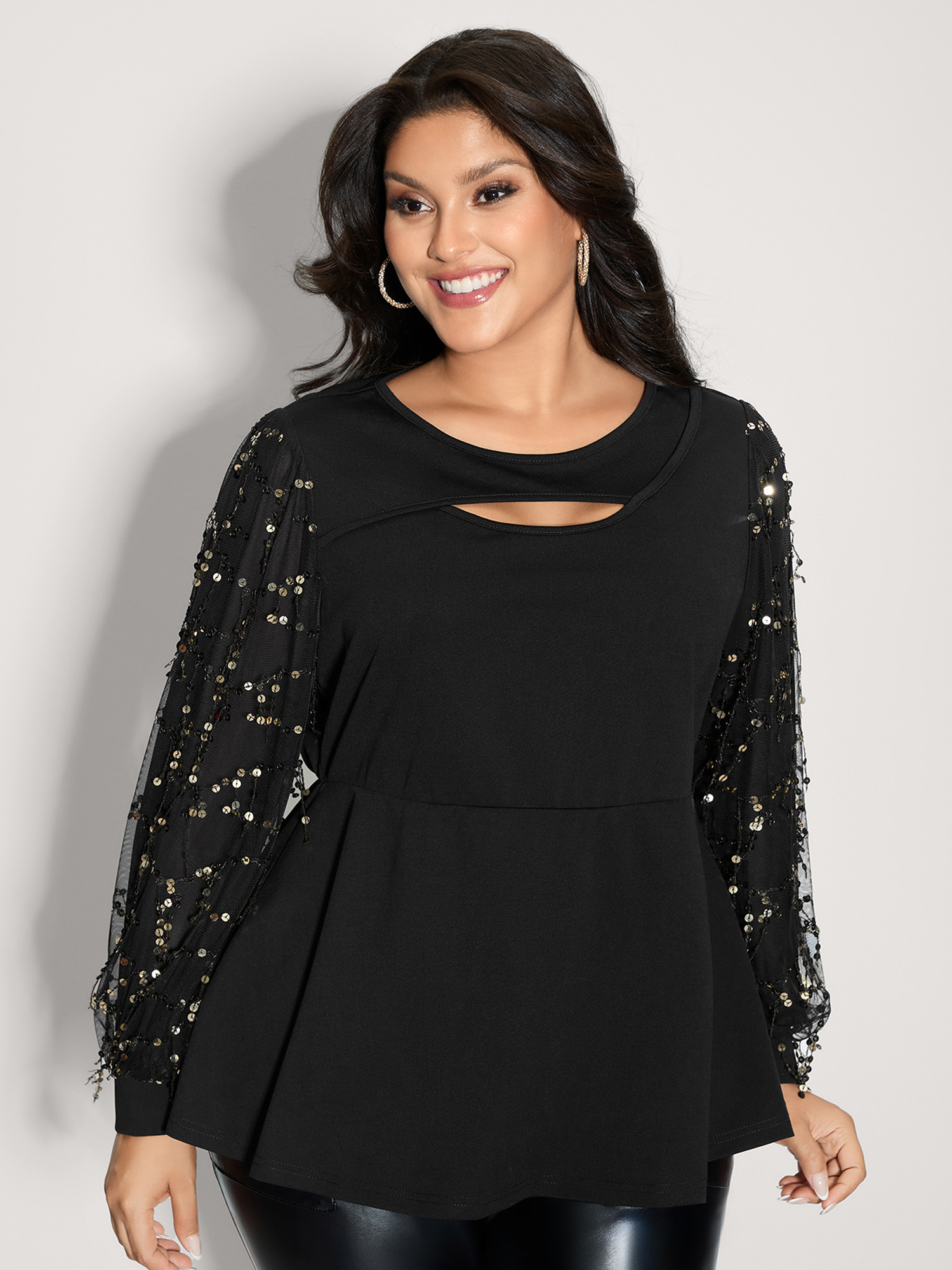BloomChic Women's Plus Size Sequin Sleeve Cut-Out Neck Top Black Long Sleeve Occasion Round Neck 10/M