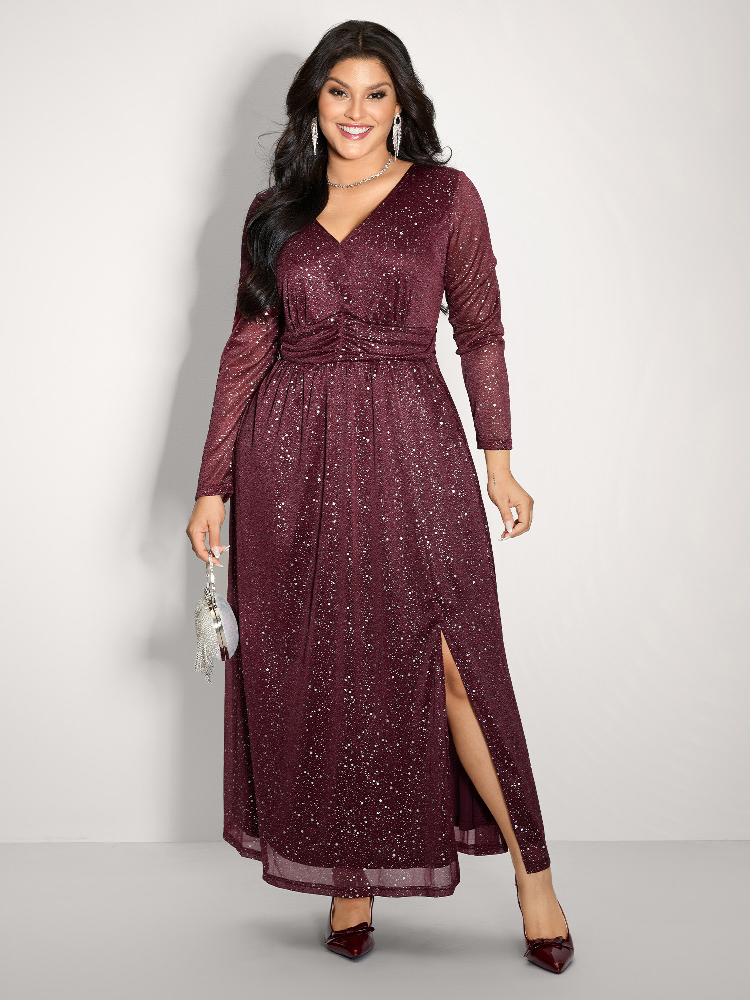 BloomChic Women's Plus Size Shimmery Hot Stamp Stretchy Slit Maxi Dress Burgundy Party Maxi Sequin 28/5X-image-47495581237418