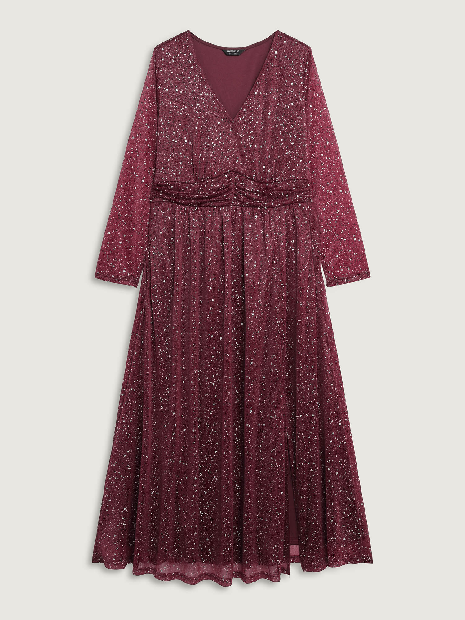 Side view of BloomChic Women's Plus Size Shimmery Hot Stamp Stretchy Slit Maxi Dress Burgundy Party Maxi Sequin 30/6X
