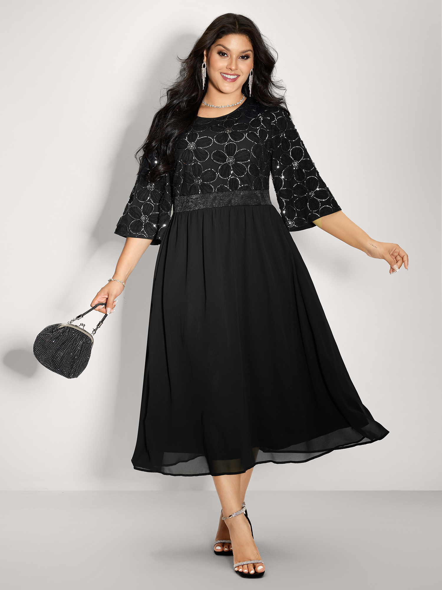 BloomChic Women's Plus Size Sequin Floral Tulle Shirred Waist Midi Dress Black Party Midi Colorblock Round Neck 18-20/2X-image-47495586807978