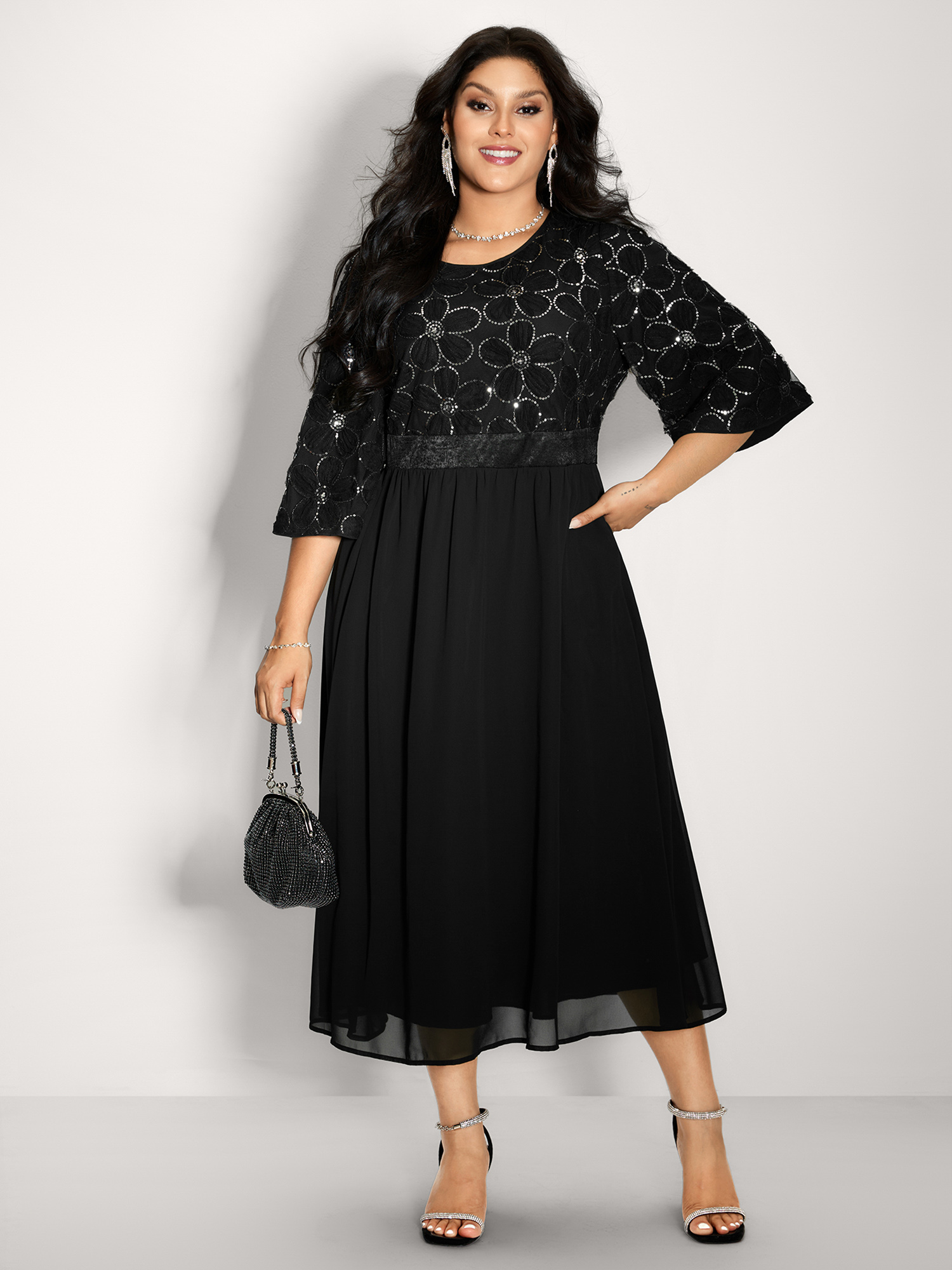 Side view of BloomChic Women's Plus Size Sequin Floral Tulle Shirred Waist Midi Dress Black Party Midi Colorblock Round Neck 22-24/3X