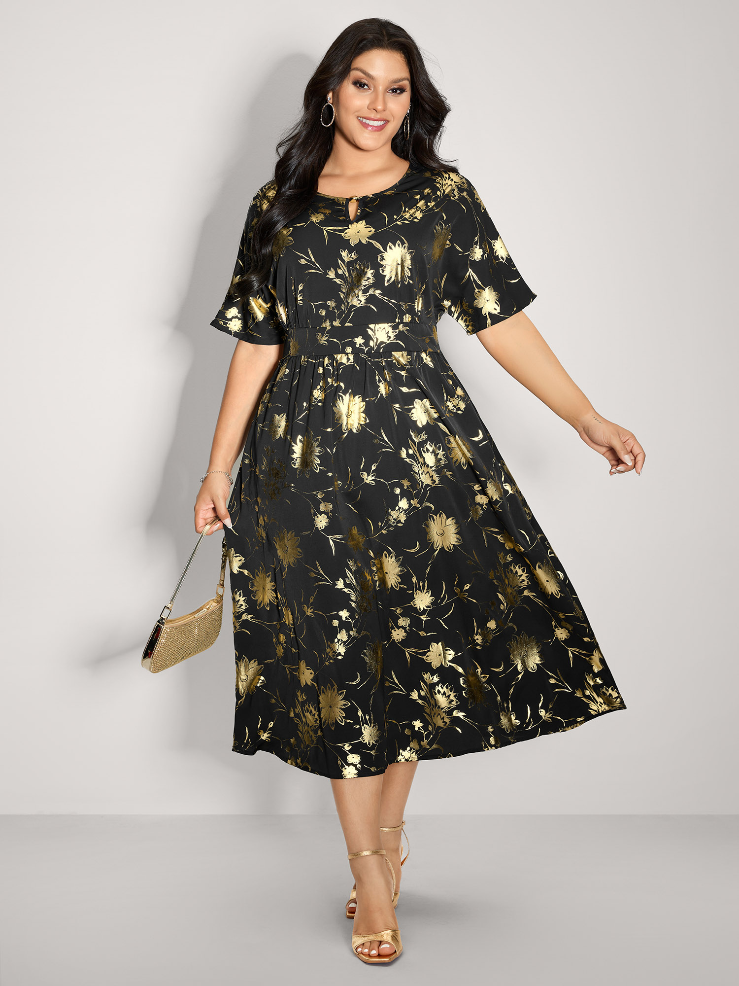 BloomChic Women's Plus Size Gold Stamp Shirred Back-Waist Maxi Dress BlackFlower Occasion Maxi 22-24/3X