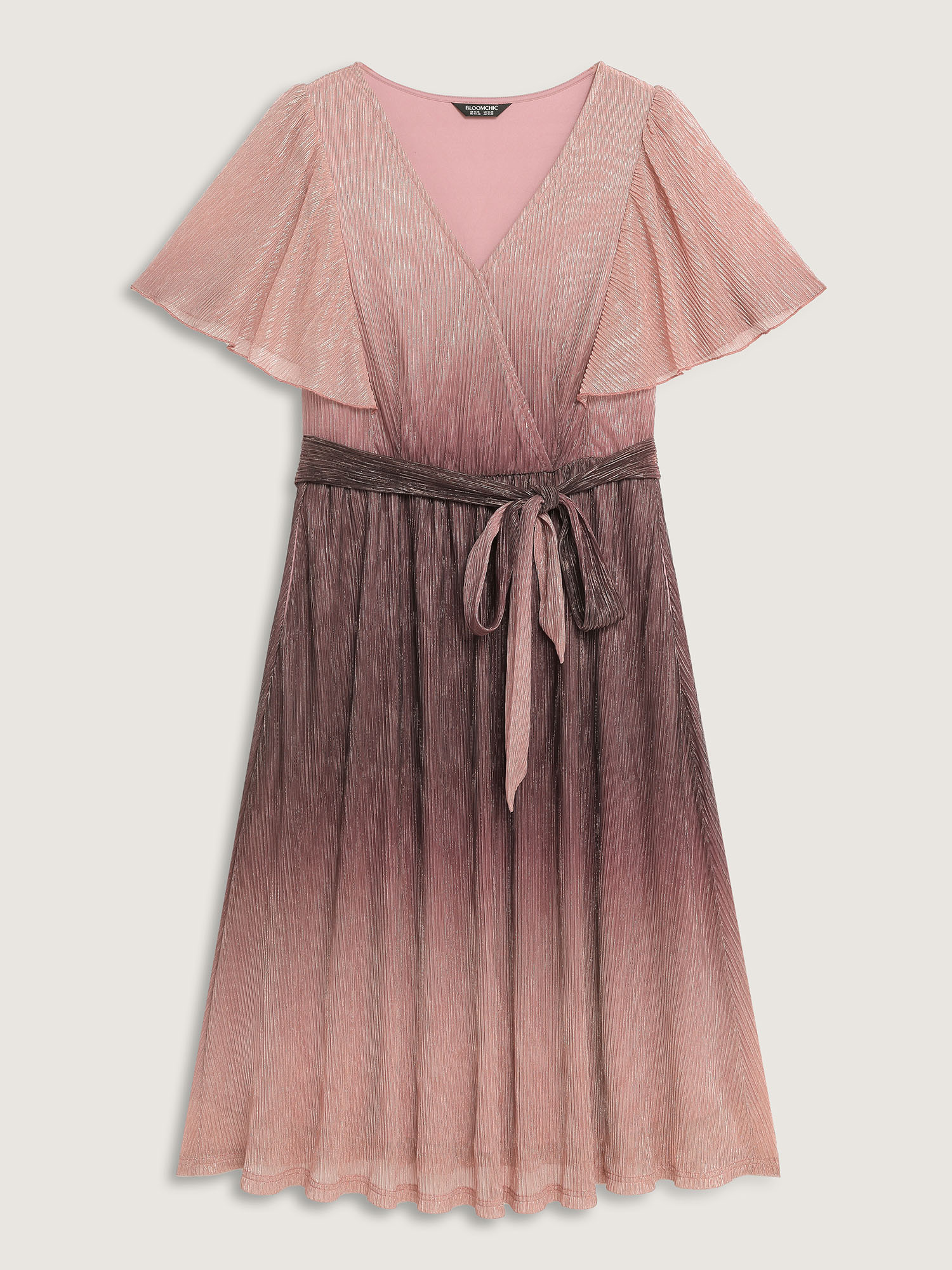 Side view of BloomChic Women's Plus Size Color Gradient Pockets Belted Midi Dress DustyPink Party Midi 18-20/2X