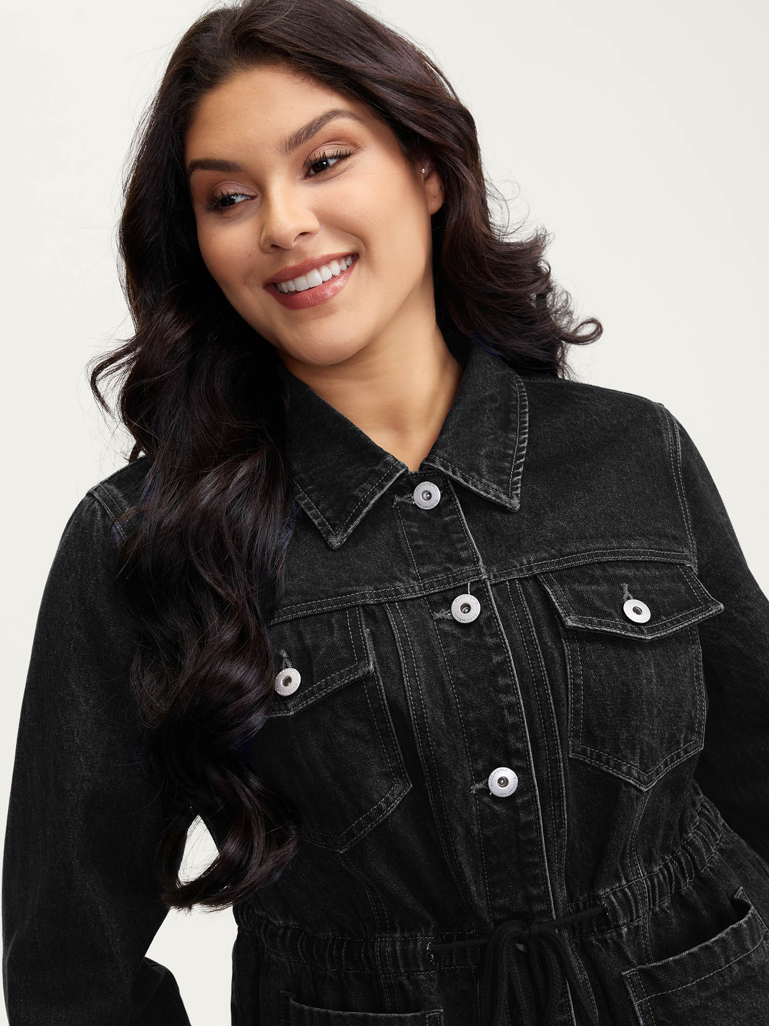 Side view of BloomChic Women's Plus Size Supersoft Stretchy Waist Button-Down Denim Jacket Denimblack not graphics Casual 30/6X