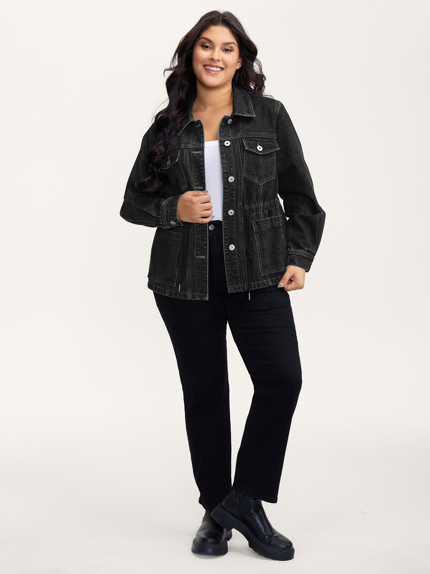 Side view of BloomChic Women's Plus Size Supersoft Stretchy Waist Button-Down Denim Jacket Denimblack not graphics Casual 30/6X