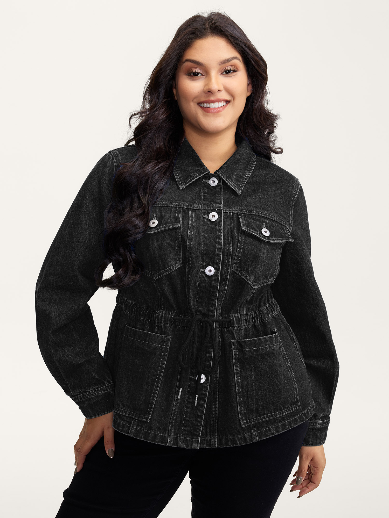 Side view of BloomChic Women's Plus Size Supersoft Stretchy Waist Button-Down Denim Jacket Denimblack not graphics Casual 30/6X