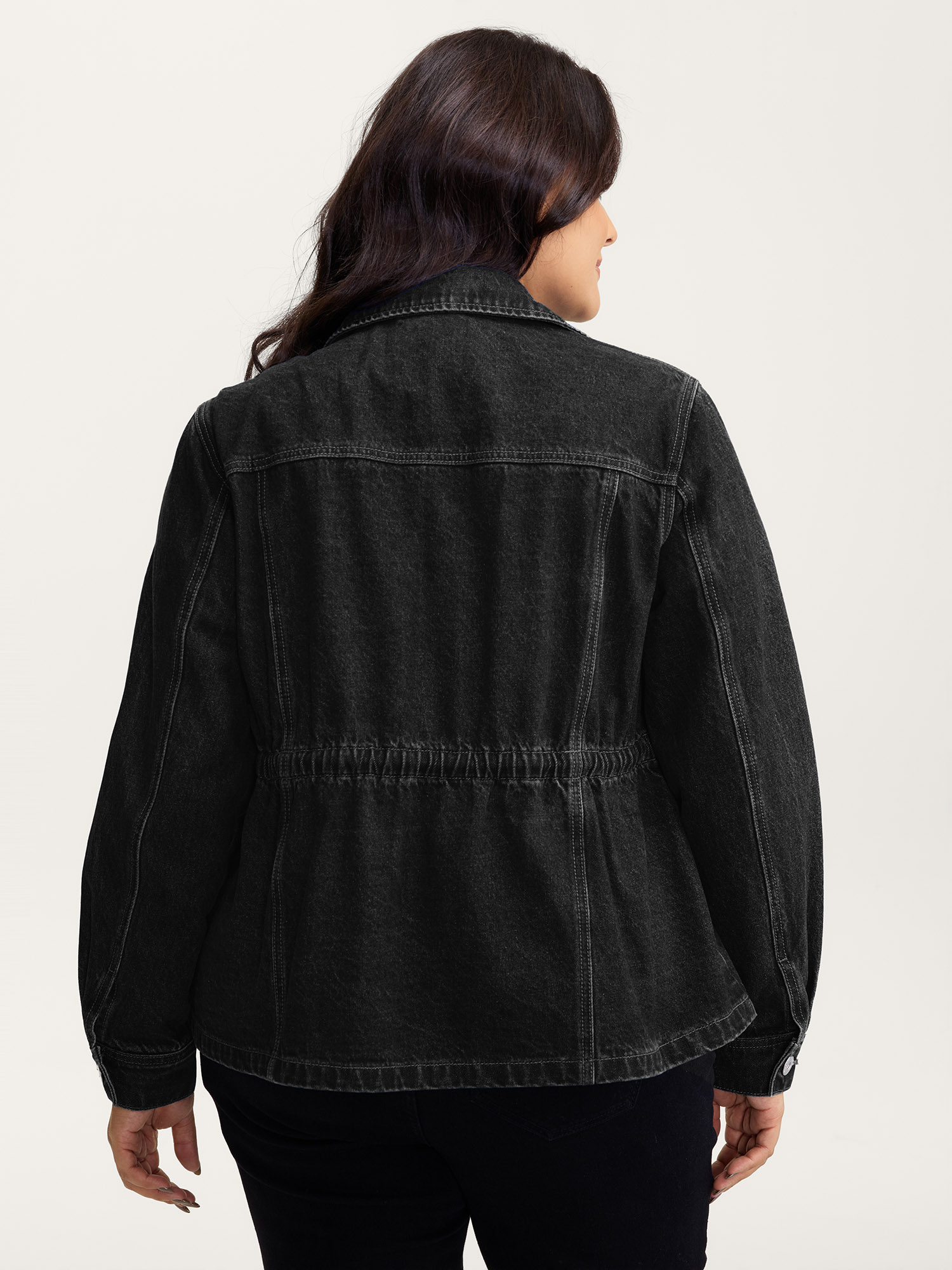 Side view of BloomChic Women's Plus Size Supersoft Stretchy Waist Button-Down Denim Jacket Denimblack not graphics Casual 30/6X