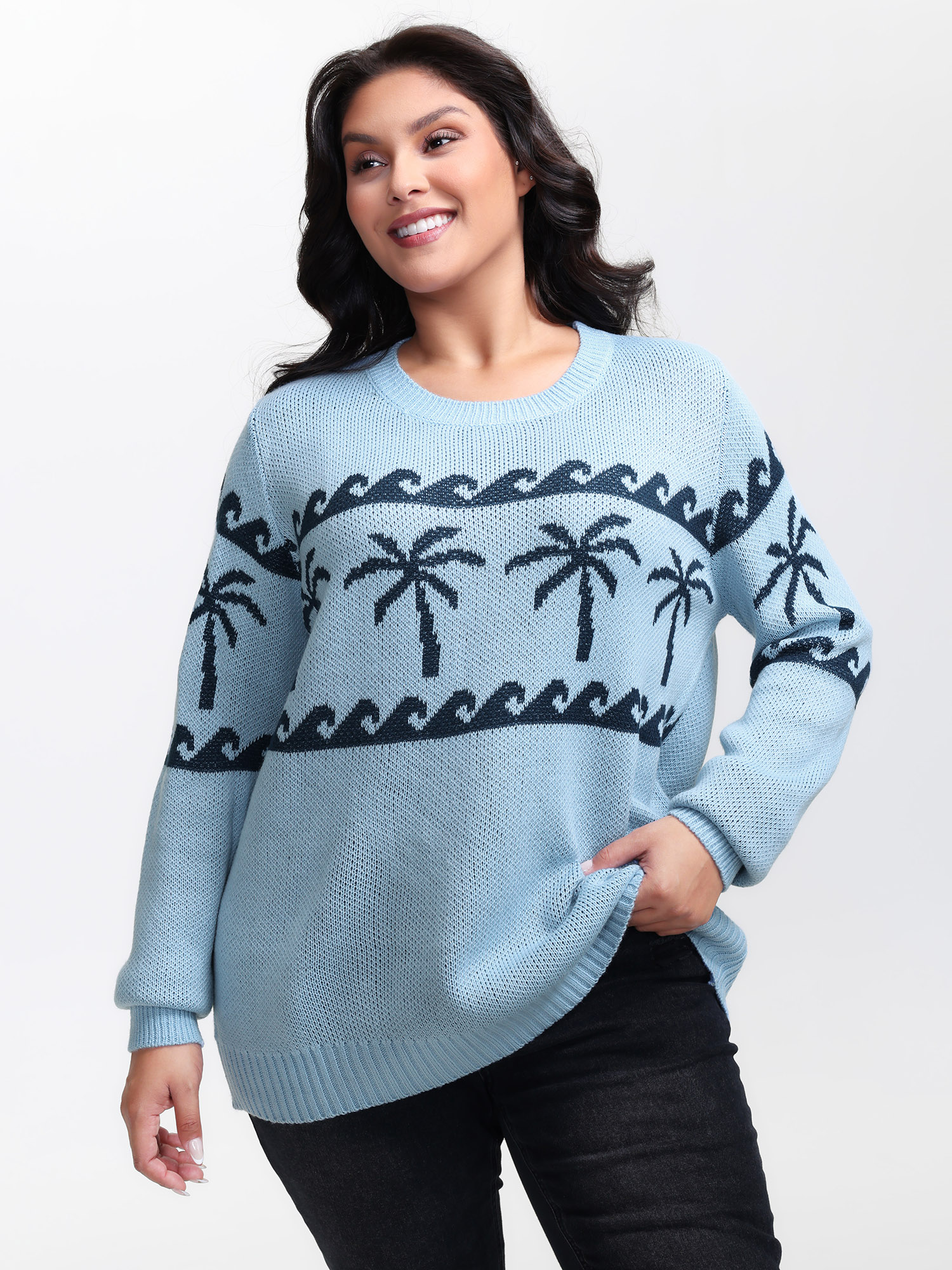 BloomChic Women's Plus Size Coconut Tree Pattern Jacquard Pullover LightBlue Tropical Long Sleeve 10/M