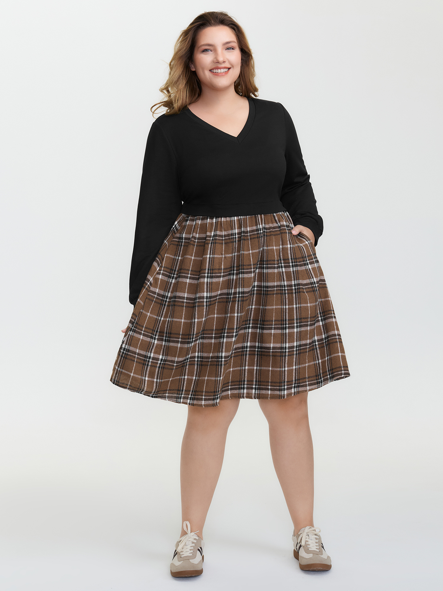 BloomChic Women's Plus Size Plaid Color Contrast Stretchy Knee-Length Dress Black Plaid Short Everyday-Casual Colorblock 14-16/1X