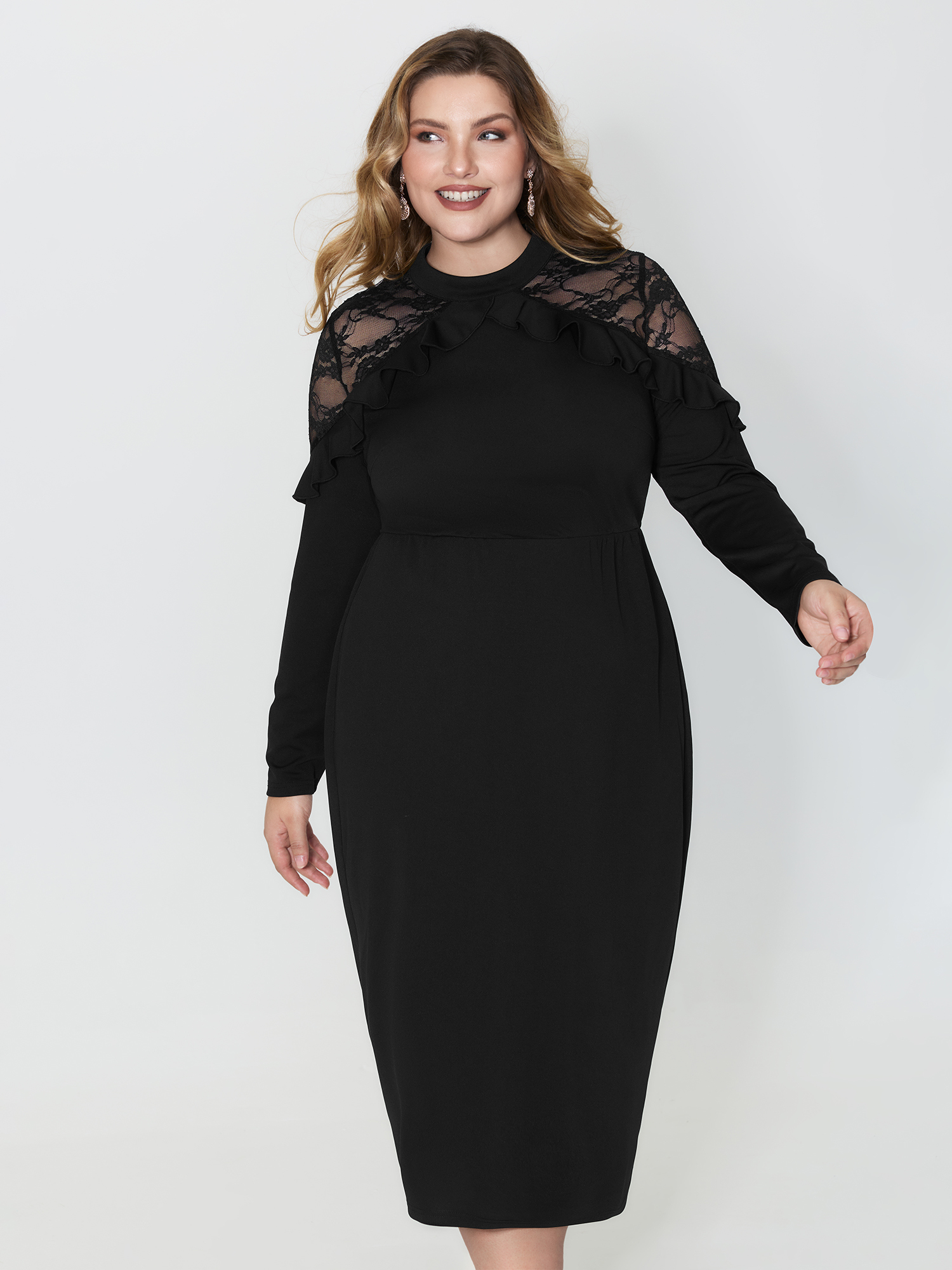 BloomChic Women's Plus Size Lace Trim Ruffled Sheer Stretchy Party Dress Black Party Midi 30/6X-image-47508075184298