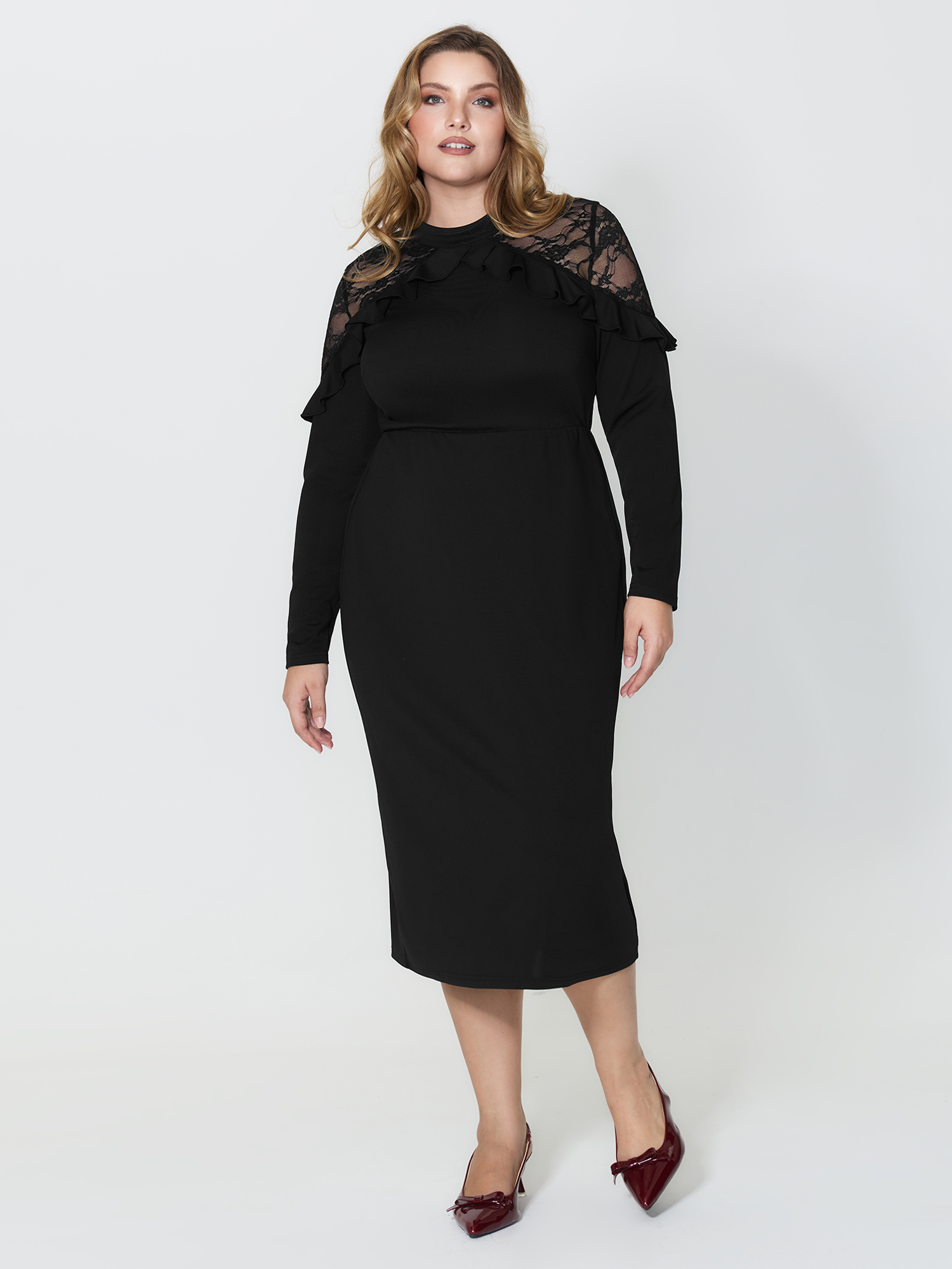 Side view of BloomChic Women's Plus Size Lace Trim Ruffled Sheer Stretchy Party Dress Black Party Midi 10/M