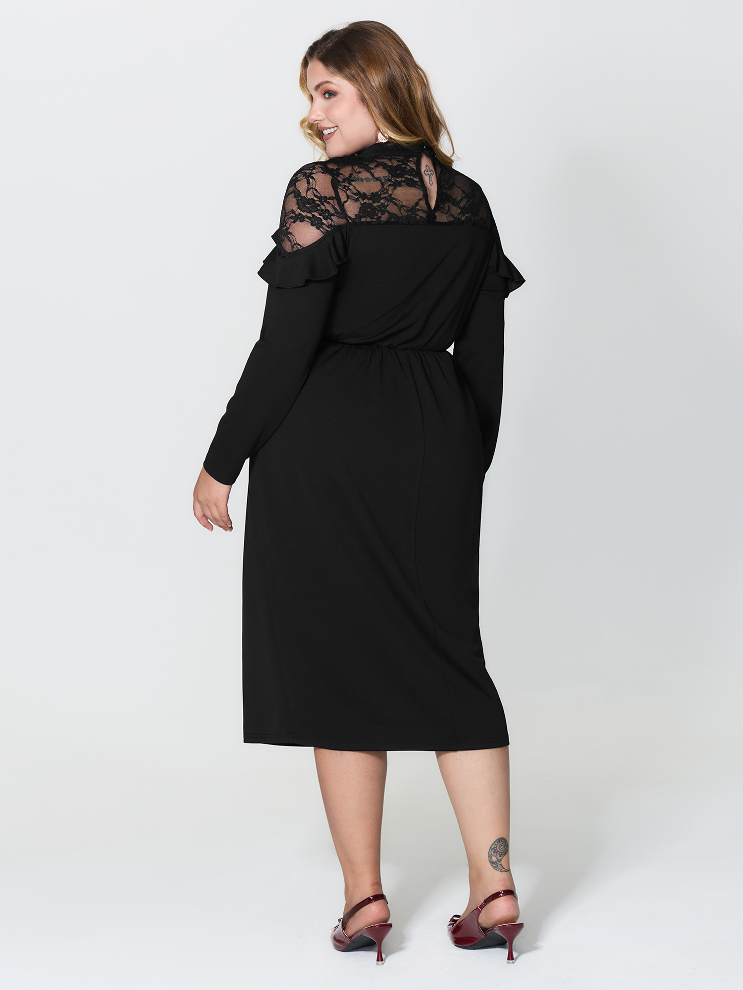 Side view of BloomChic Women's Plus Size Lace Trim Ruffled Sheer Stretchy Party Dress Black Party Midi 10/M