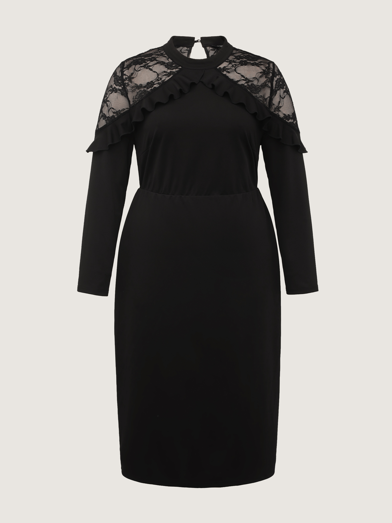Side view of BloomChic Women's Plus Size Lace Trim Ruffled Sheer Stretchy Party Dress Black Party Midi 10/M