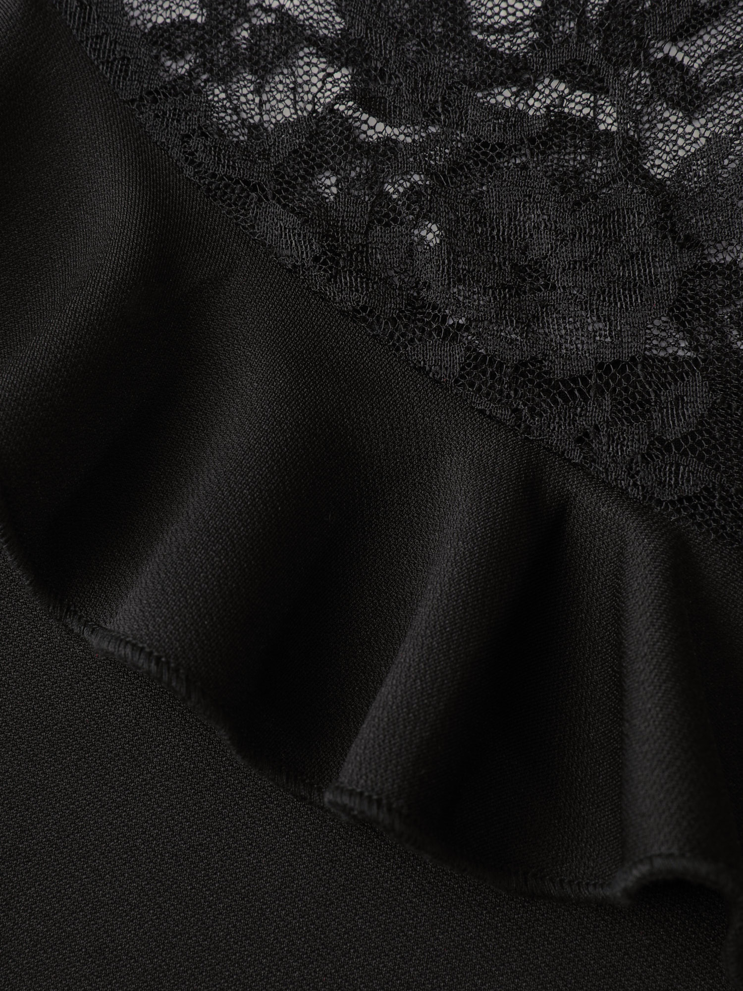 Side view of BloomChic Women's Plus Size Lace Trim Ruffled Sheer Stretchy Party Dress Black Party Midi 10/M