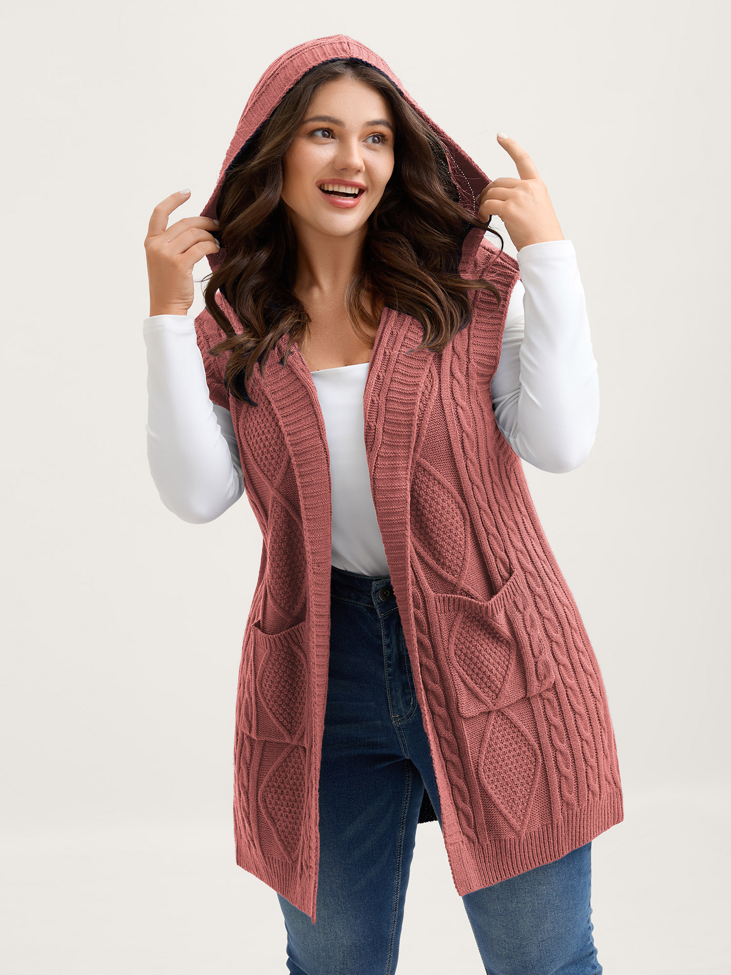 BloomChic Women's Plus Size Hooded Sleeveless Cable Knit Cardigan Old Rose Sleeveless Hooded Neck 10/M