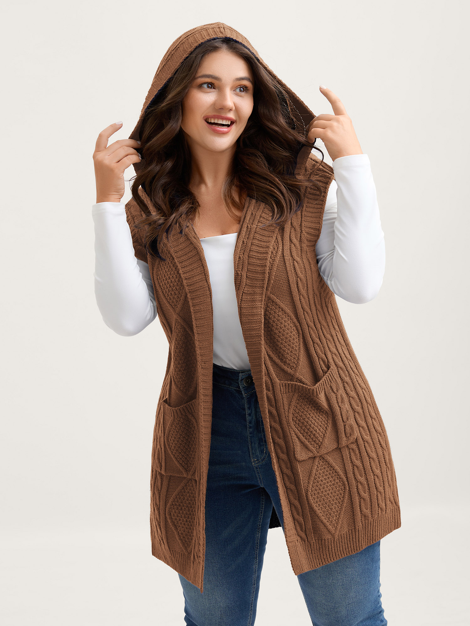 BloomChic Women's Plus Size Hooded Sleeveless Cable Knit Cardigan Lion Sleeveless Hooded Neck 10/M