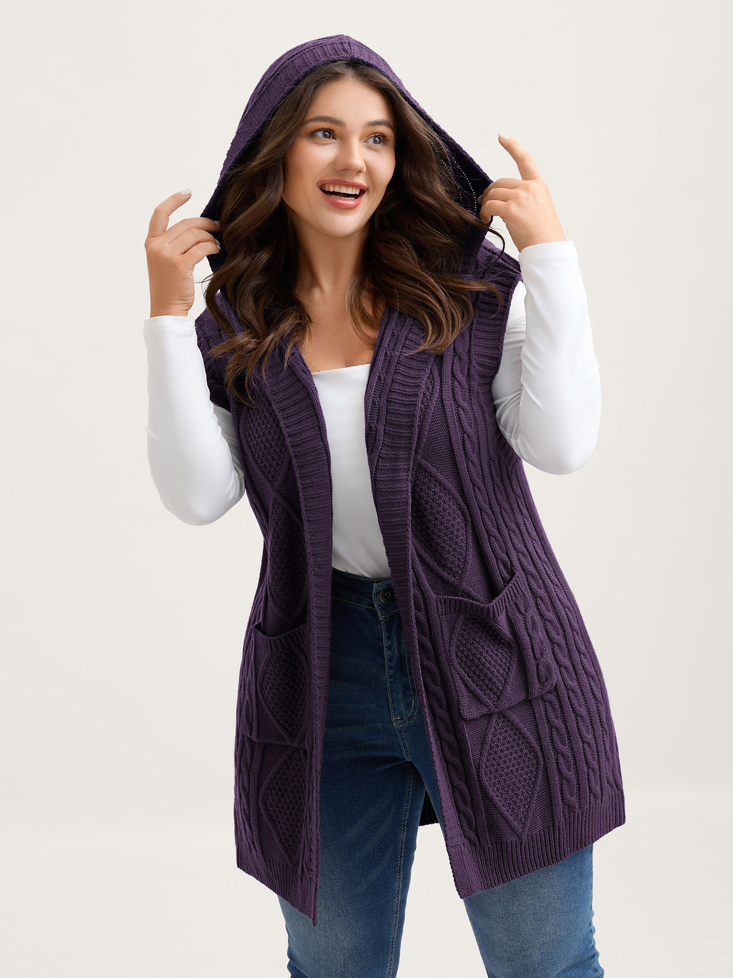BloomChic Women's Plus Size Hooded Sleeveless Cable Knit Cardigan Winetasting Sleeveless Hooded Neck 28/5X