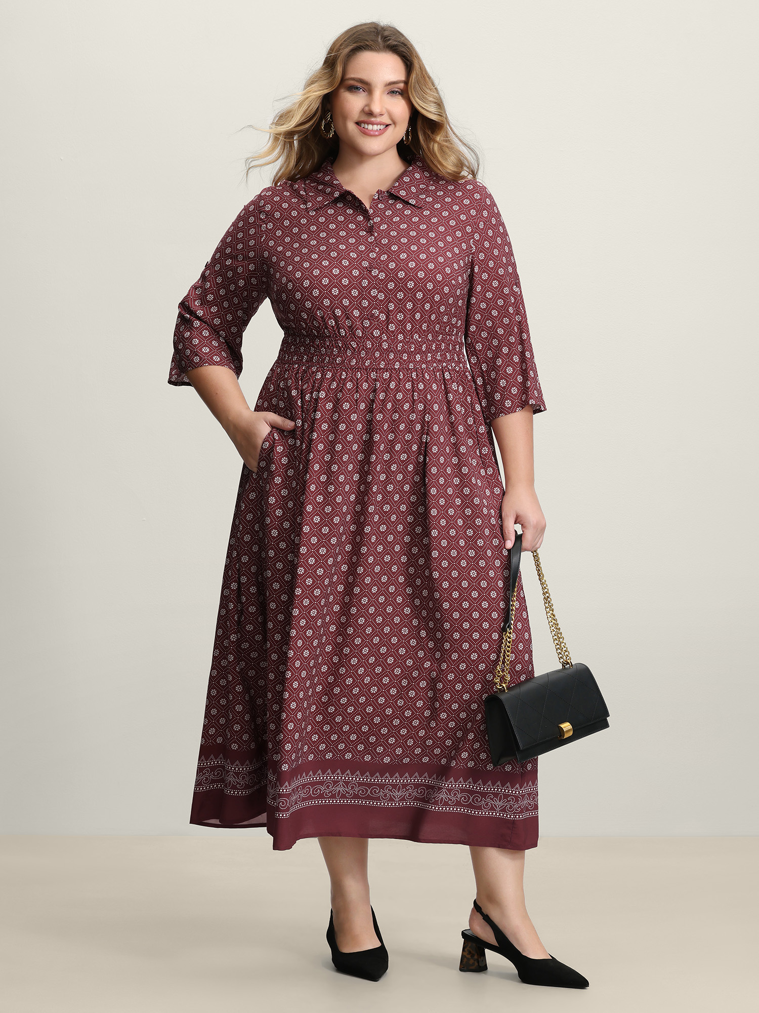 BloomChic Women's Plus Size Geometric Print Shirred Waist Maxi Dress Deepred Bohemian print Midi Office Button 10/M