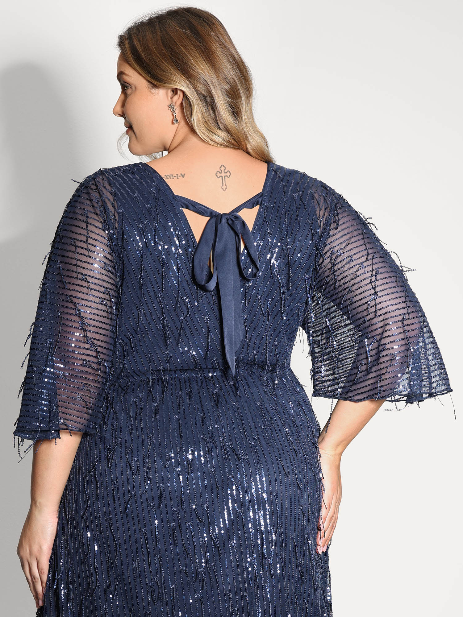BloomChic Women's Plus Size Sequin Lace High Slit Backless Maxi Dress DarkBlue Midi Occasion 10/M