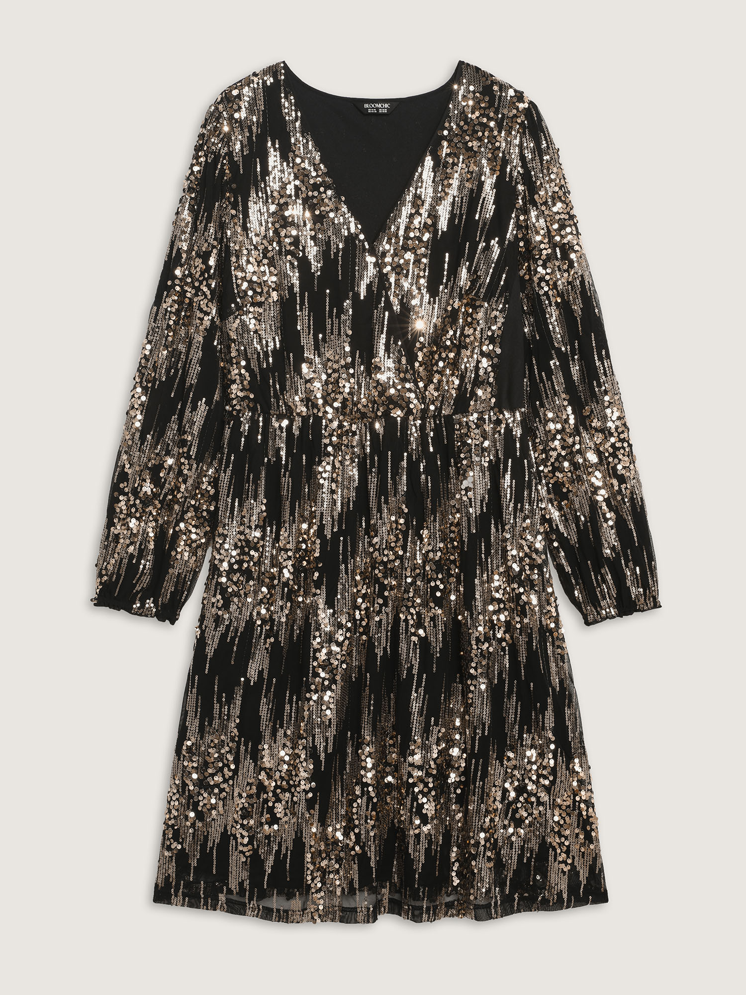 Side view of BloomChic Women's Plus Size Shimmery Gold Silver Sequin Wrap Party Dress Black Party 12/L
