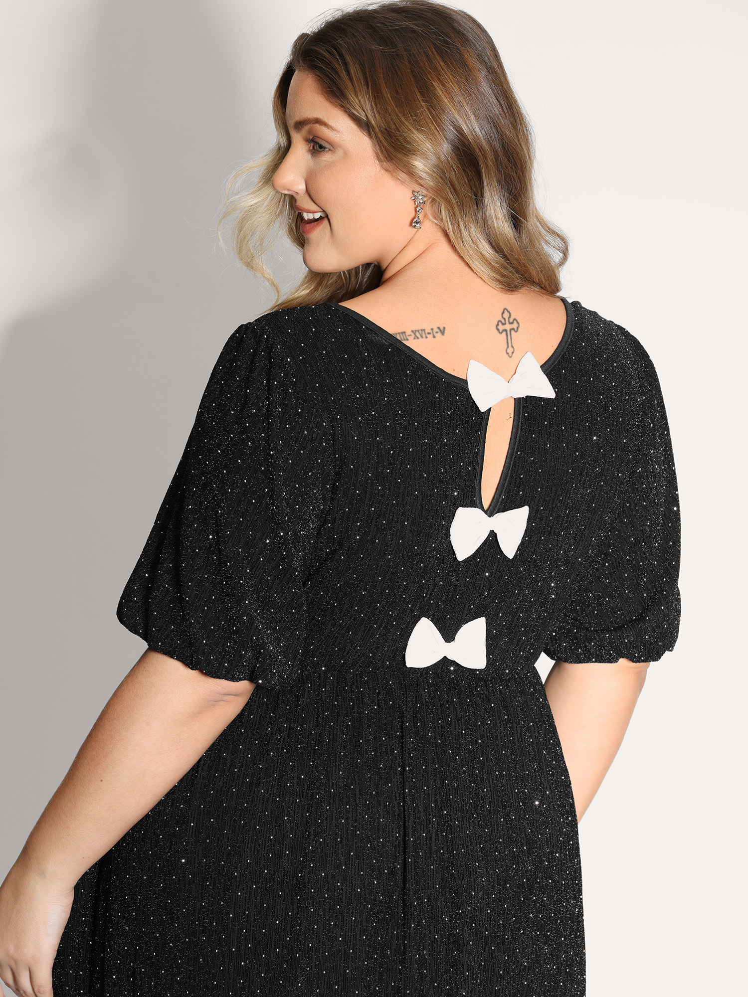 BloomChic Women's Plus Size Bowknot Rhinestone Pockets Mini Dress Black Party Knee 10/M-image-47527895662762