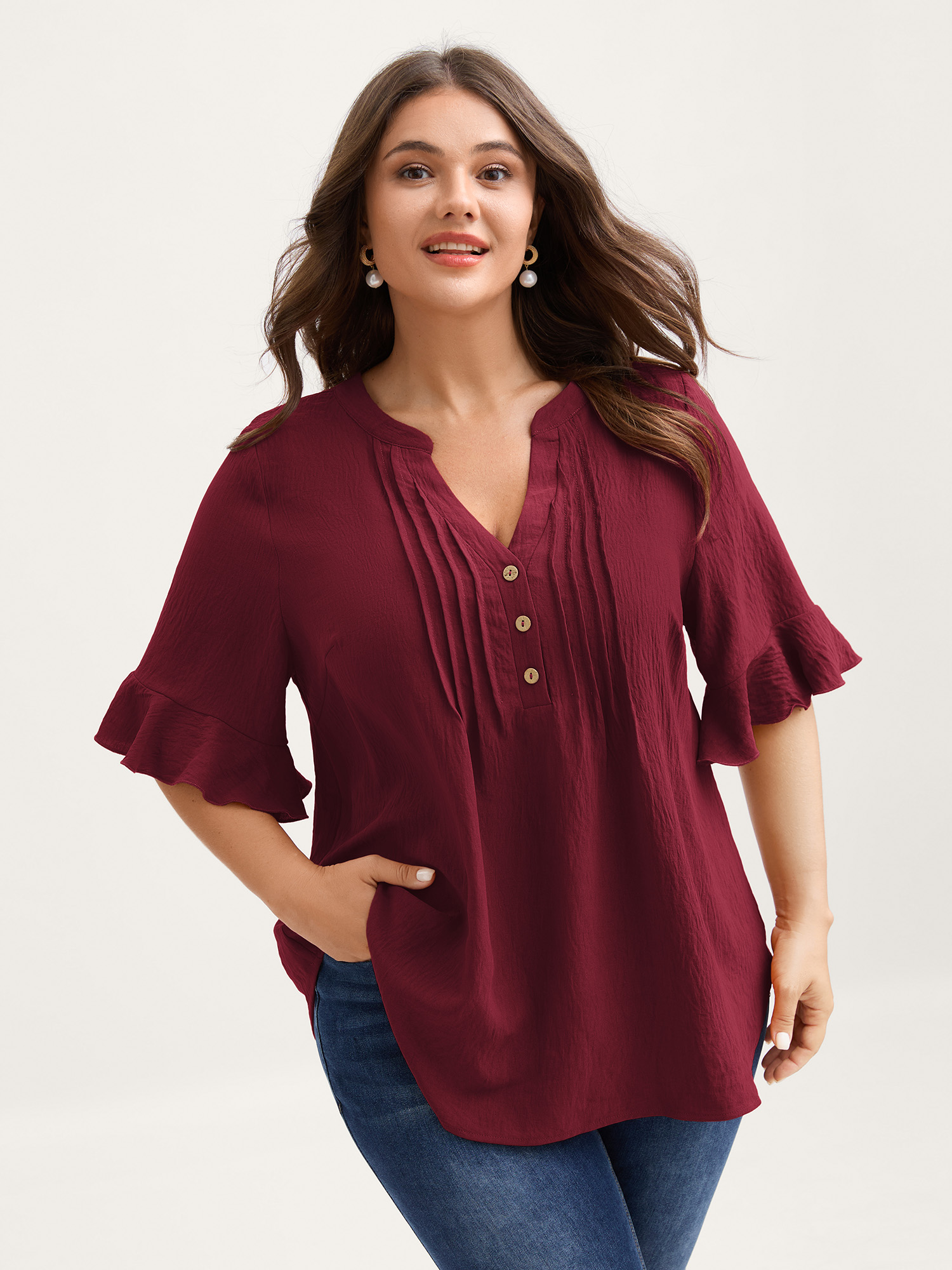BloomChic Plus Size Toothpick Pleats Ruffled Sleeve Solid Blouse - Women's Burgundy Solid V-Notch Neck Short sleeve Elegant Blouses 26-28/3X