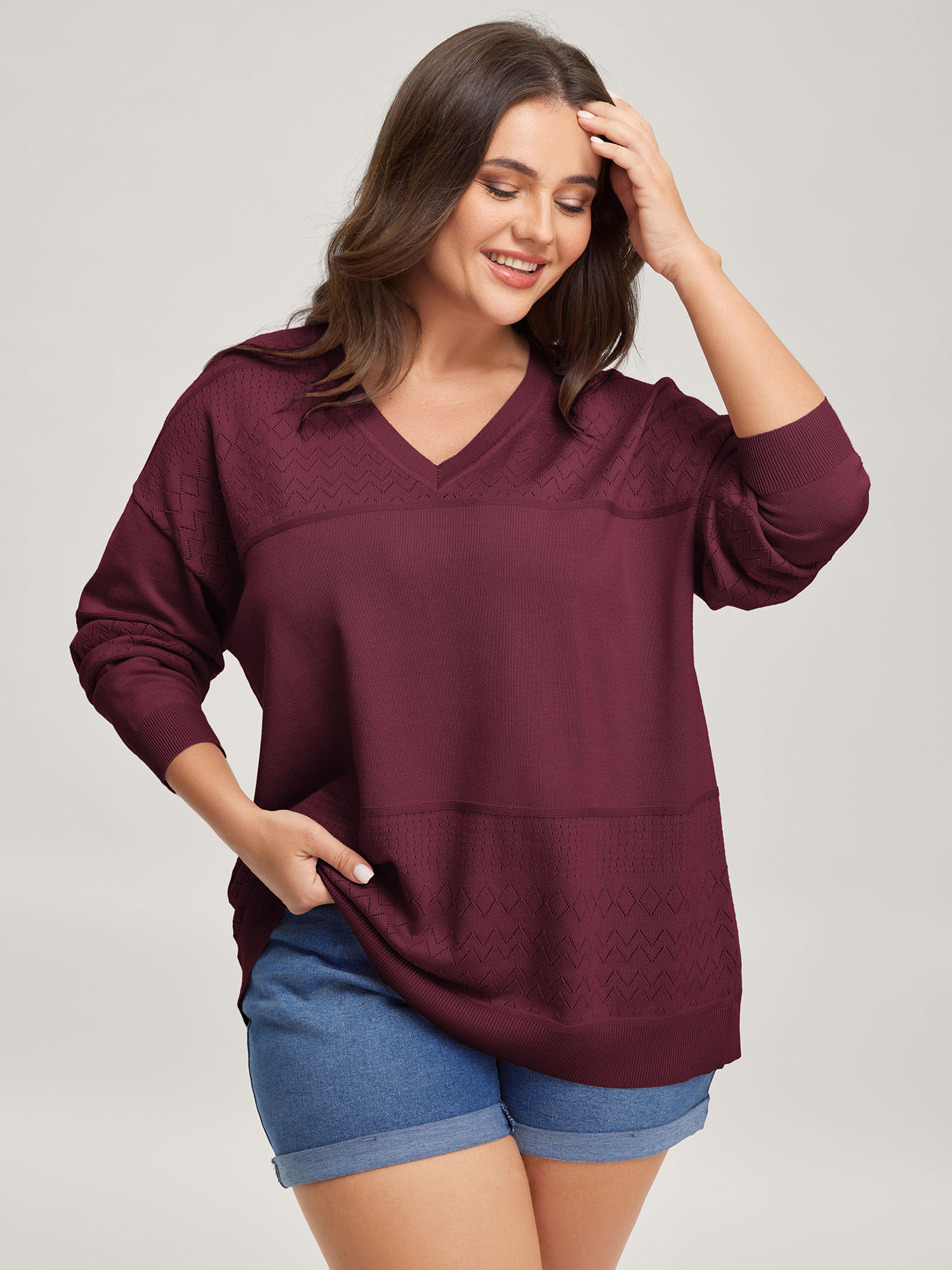 BloomChic Plus Size Supersoft Textured Eyelet Trim Pullover - Curve Women's Winter V-Neck Boxy Cable Knit Rhododendron Sleeve Pullovers 26-28/3X