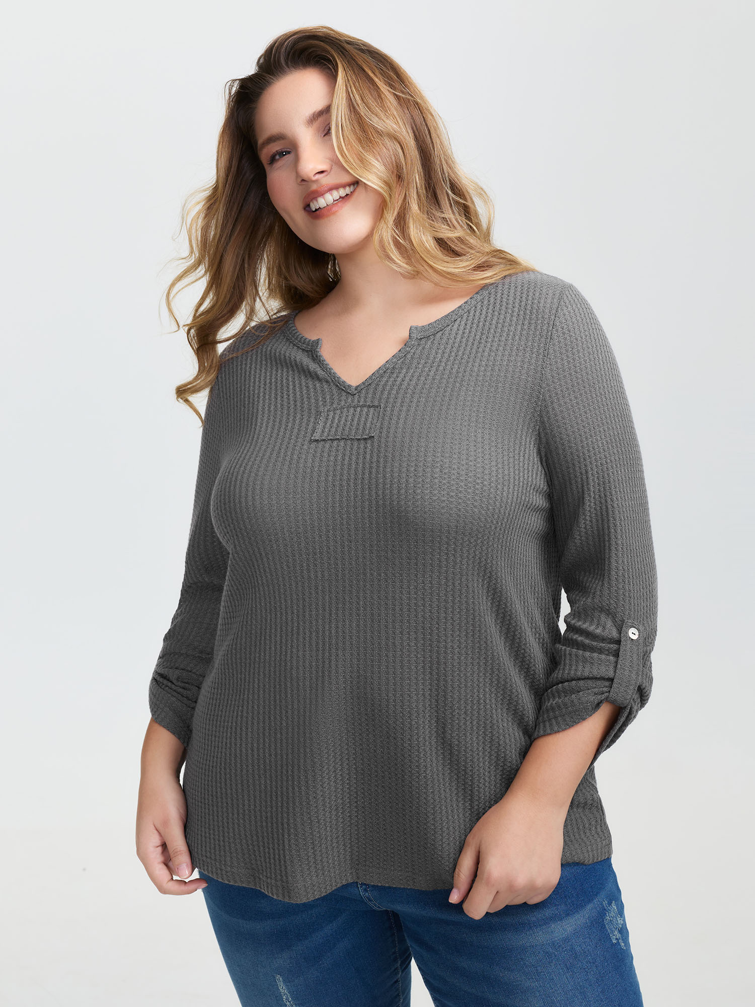 BloomChic Women's Plus Size Notched Neck Tab Sleeve Waffle T-Shirt DimGray Synthetic texture Everyday-Casual Long Sleeve 10/M