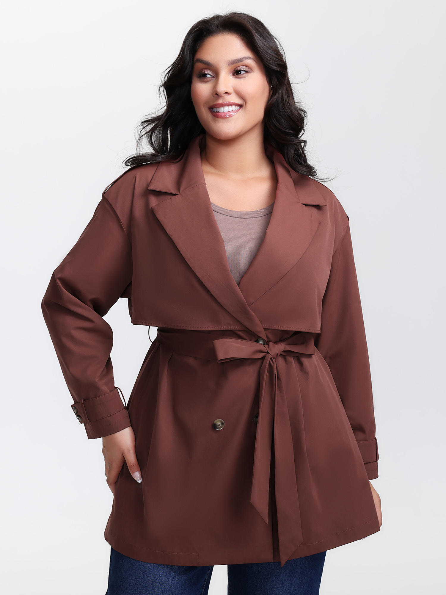 BloomChic Plus Size Button Belted Layered Trench Coat - Curve Women's Winterwear- Maroon Bust-Ease Tunic X-line Trench Coats 18-20/1X