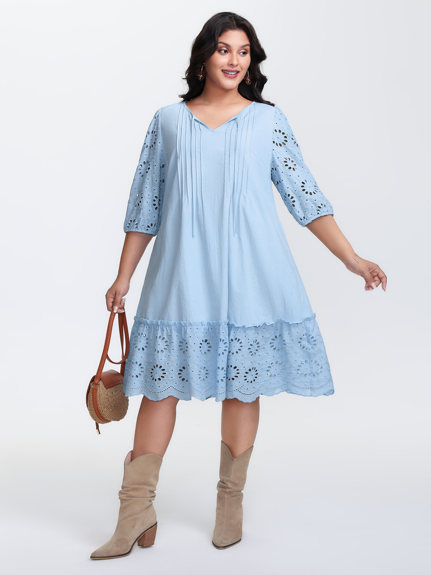 BloomChic Plus Size Pure Cotton Cut-Out Detail Mini Dress - Curve Ladies LightBlue Resort 3/4 Sleeve Synthetic texture Side seam pocket Daily Dresses 30/4X