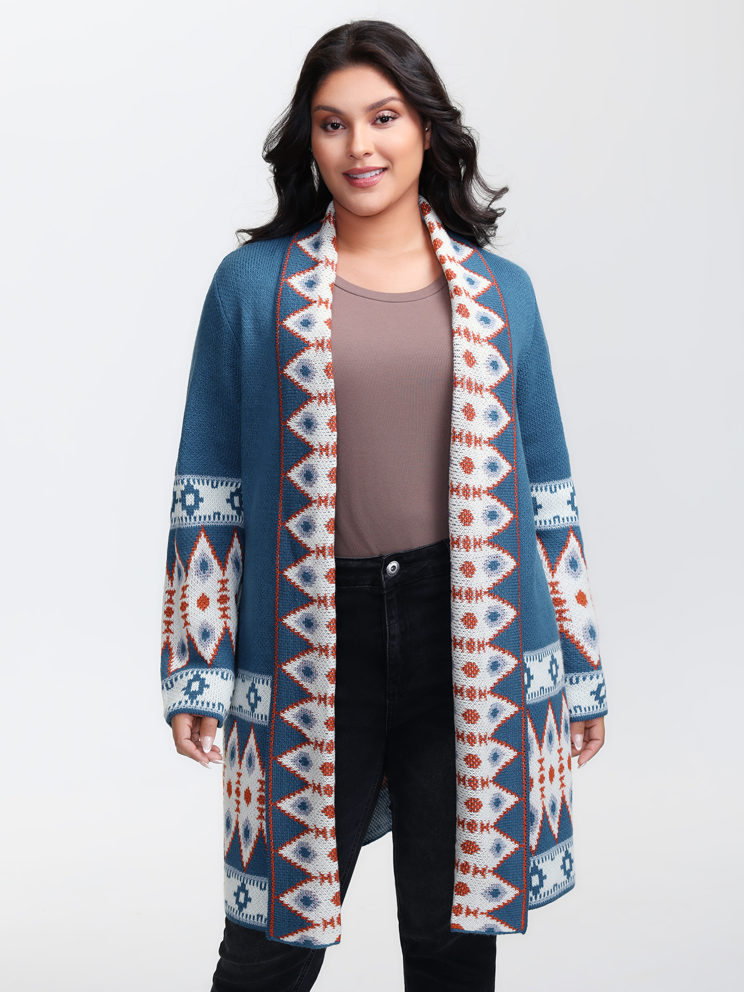 BloomChic Women's Plus Size Boho Pattern Jacquard Folded Collar Knit Cardigan LightBlue Long Sleeve 10/M
