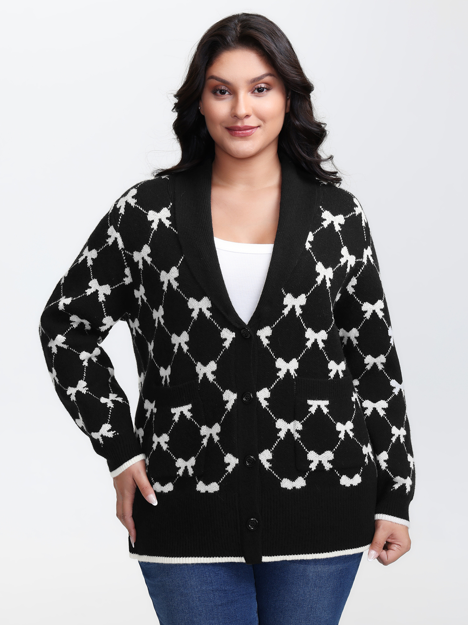 BloomChic Women's Plus Size Bowknot Jacquard Button Knit Cardigan Black Long Sleeve 10/M
