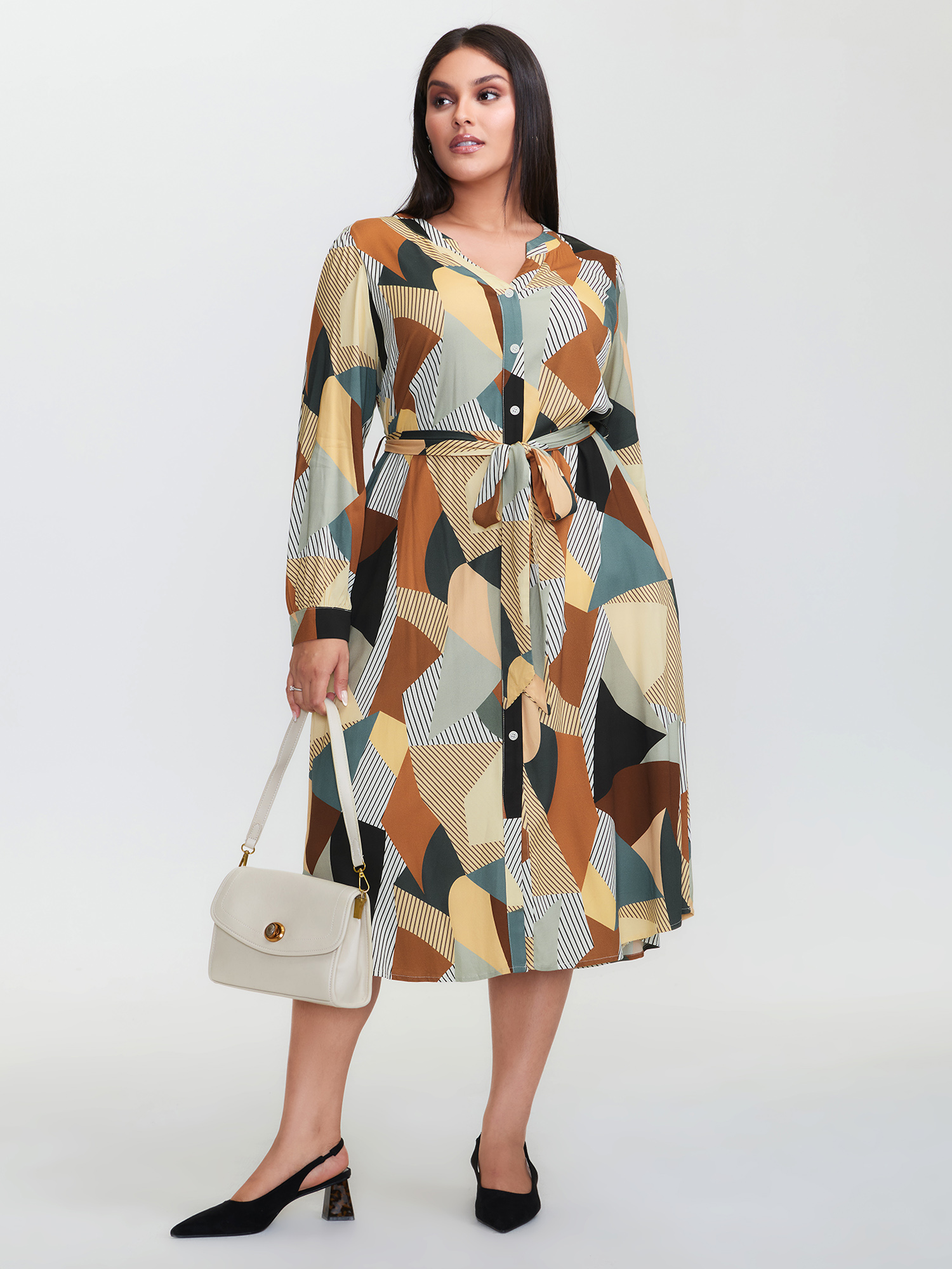 BloomChic Women's Plus Size Geometric Print Contrast Tab Sleeve Midi Dress Multicolor Geometric Midi Office Belted 22-24/3X