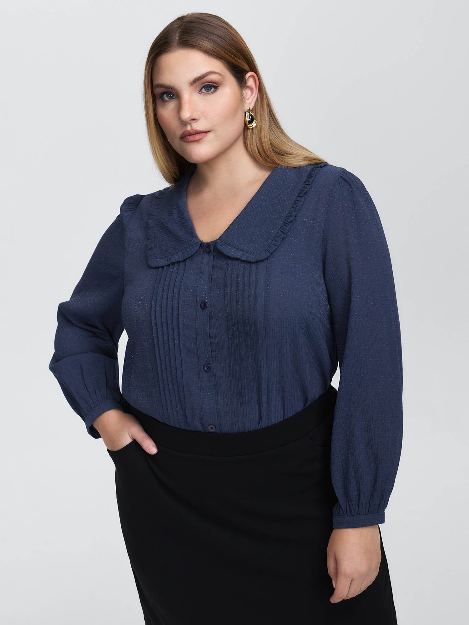 BloomChic Women's Plus Size Rayon Textured Semi Sheer Placket Blouse DarkBlue Solid Office Long Sleeve Collared Neck 10/M