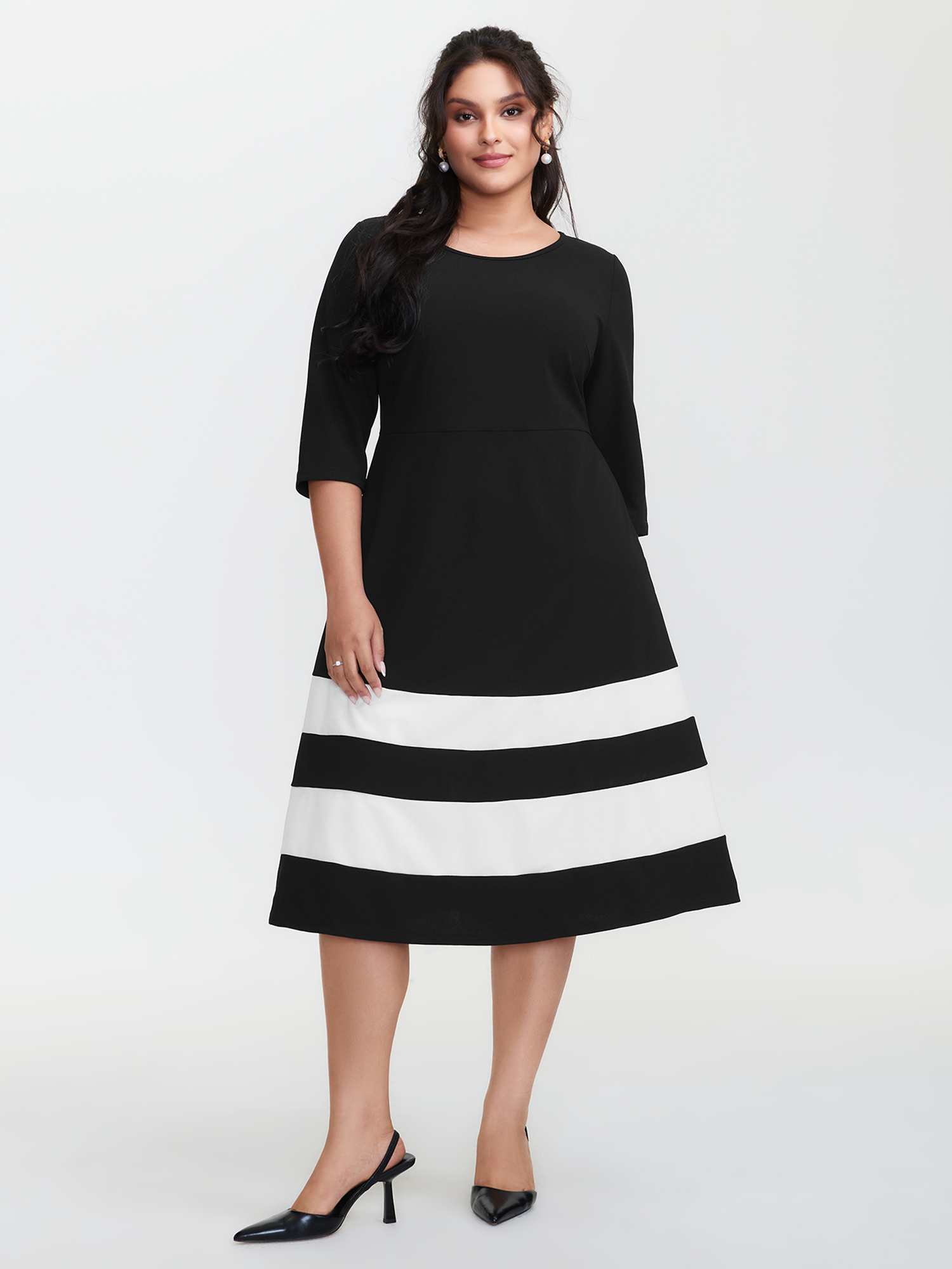 BloomChic Women's Plus Size Color Stripes Pockets Midi Dress Black Non Midi Office Colorblock 10/M