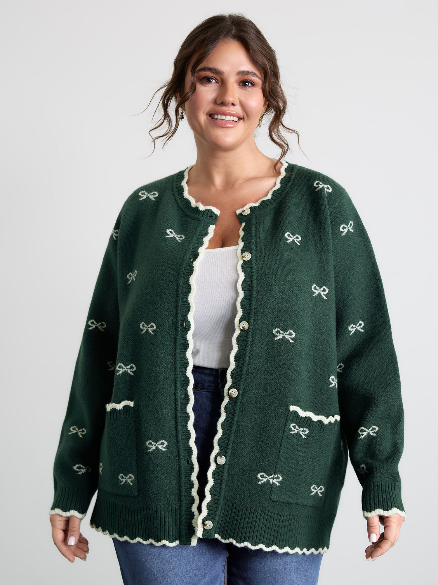 BloomChic Women's Plus Size Bowknot Jacquard Wavy Edge Knit Cardigan DarkSlateGray Long Sleeve Round Neck 10/M