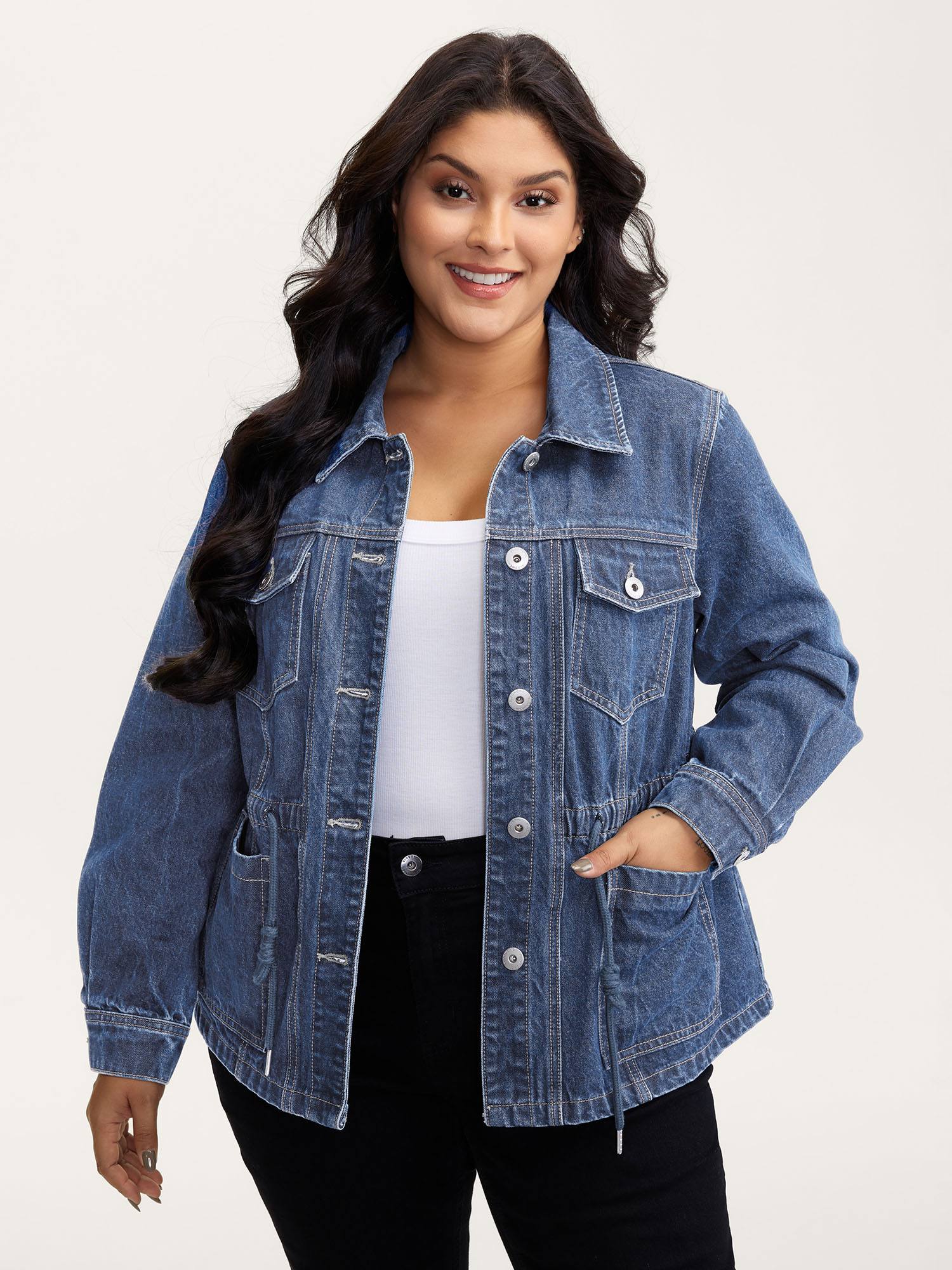 BloomChic Plus Size Supersoft Stretchy Waist Button-Down Denim Jacket - Curve Women's Denimlightblue Cargo Pocket Fit & Flare Denim Jackets 14/M