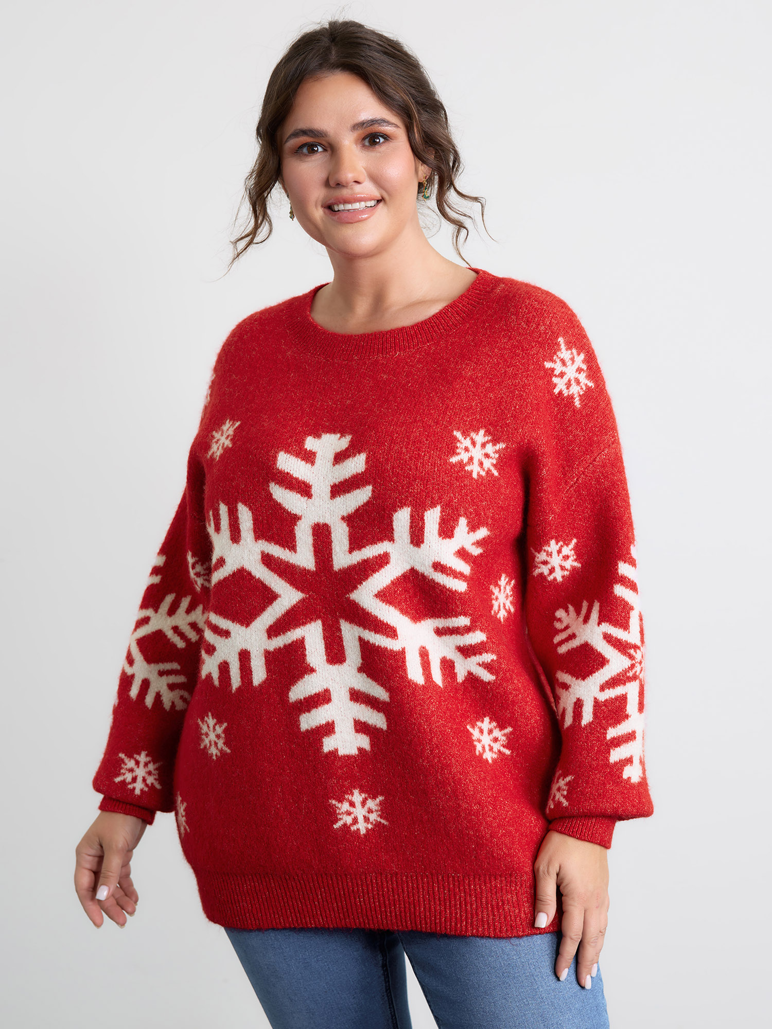 BloomChic Women's Plus Size Snowflake Holiday Print Pullover Brightred Graphic-Christmas Long Sleeve Round Neck 10/M