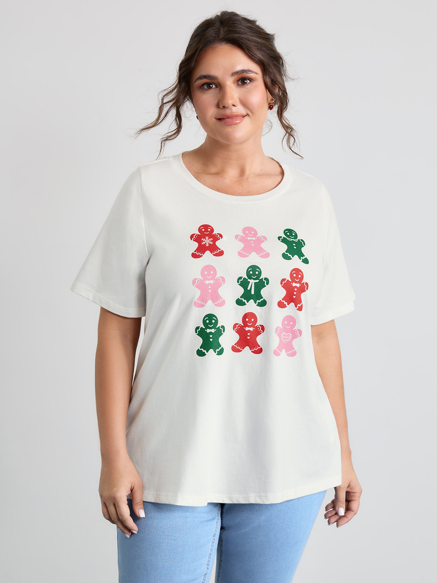 BloomChic Women's Plus Size Cotton Gingerbread Man Colorful Print T-Shirt Ivory Figurative print Everyday-Casual Short sleeve 10/M
