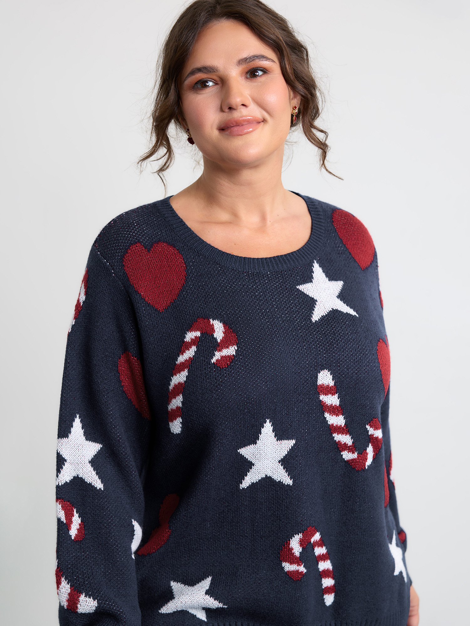 BloomChic Women's Plus Size Holiday Candy Jacquard Pattern Pullover Indigo Christmas Long Sleeve 10/M