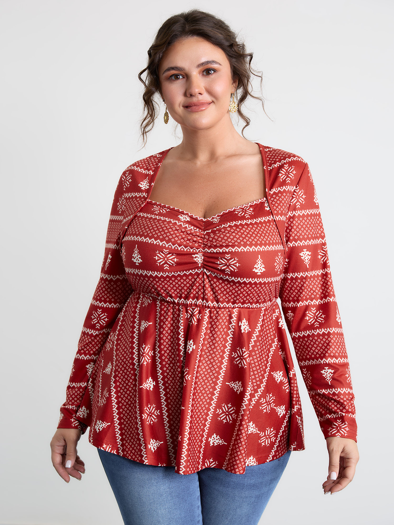 BloomChic Women's Plus Size Holiday Pattern Sweetheart Neck Knit Top Burgundy Long Sleeve Everyday-Elegant 10/M