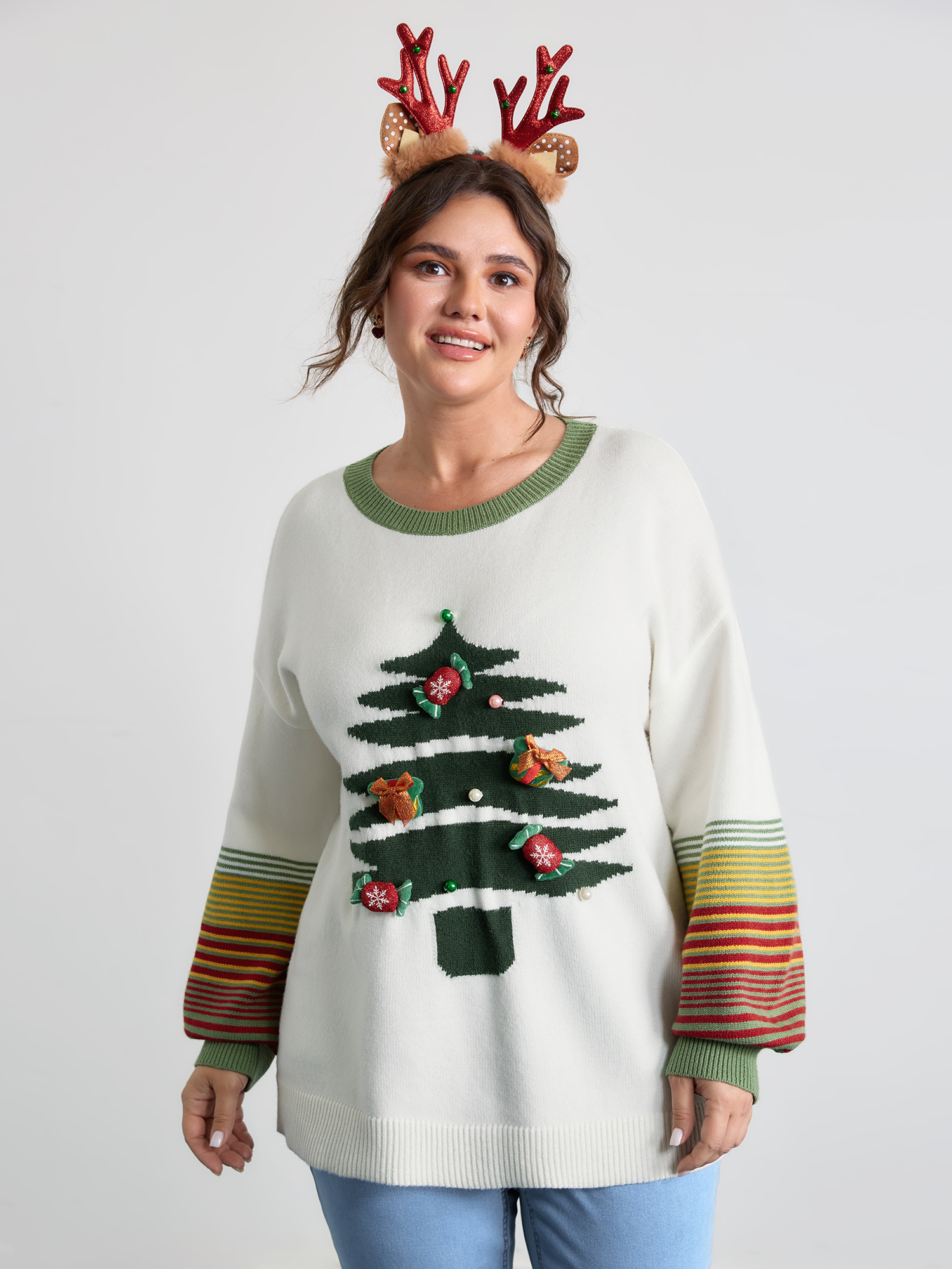 BloomChic Women's Plus Size Christmas Tree Pattern Jacquard Stripe Pullover Ivory Graphic-Christmas Long Sleeve Scoop Neck 10/M