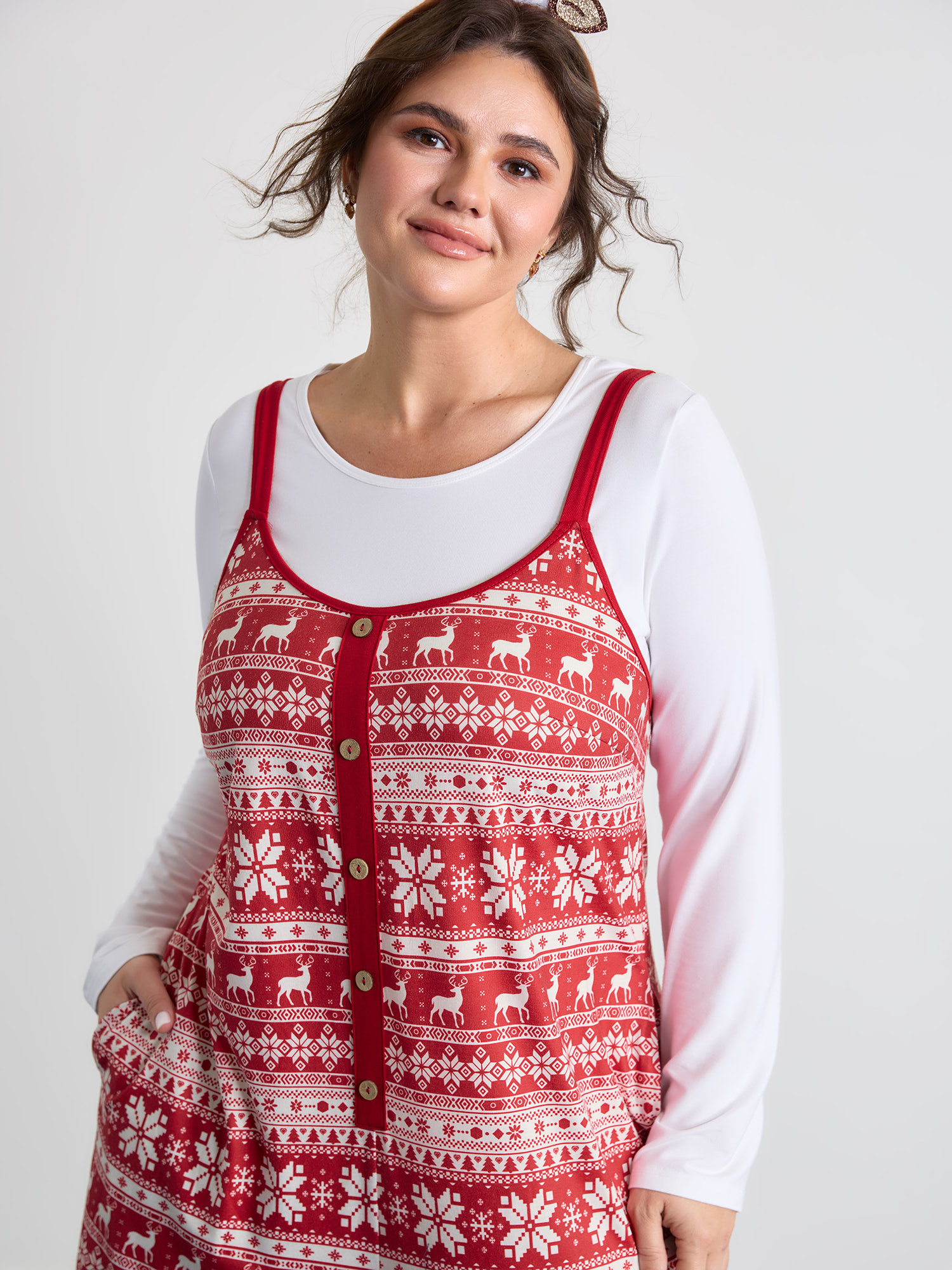 BloomChic Plus Size Holiday Print Placket Button Lounge Jumpsuit - Women's Supersoft Burgundy Sleeveless Side Pocket Thigh-Friendly Wide leg Lounge Jumpsuits 14/M