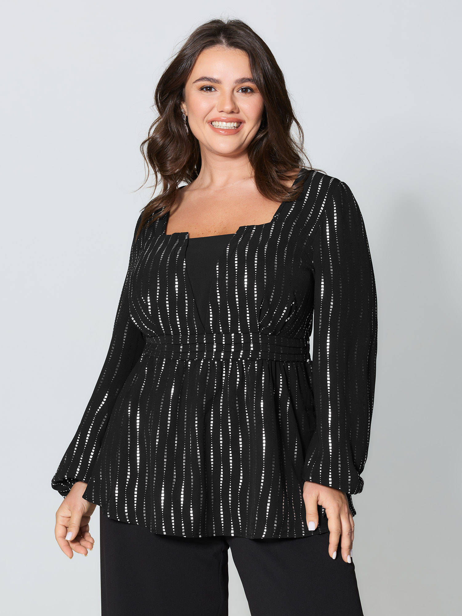 BloomChic Women's Plus Size Shimmery Sequin Cinched-Waist Blouse Black Foil Print Occasion Long Sleeve V-Notch Neck 14-16/1X