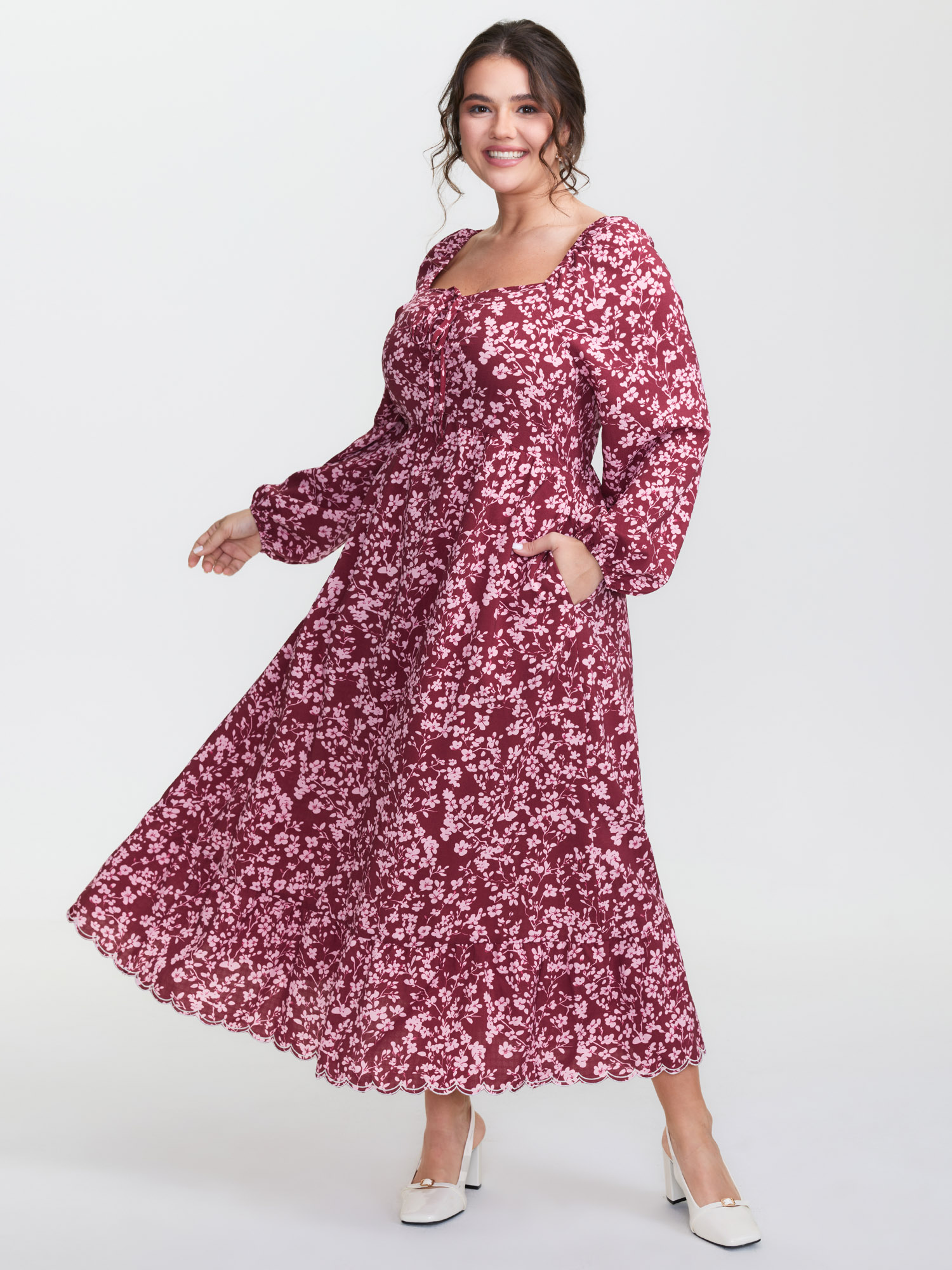 BloomChic Women's Plus Size Sweet Floral Adjustable Bust Maxi Dress Burgundy Ditsy Floral Maxi Everyday-Elegant Tie knot 10/M