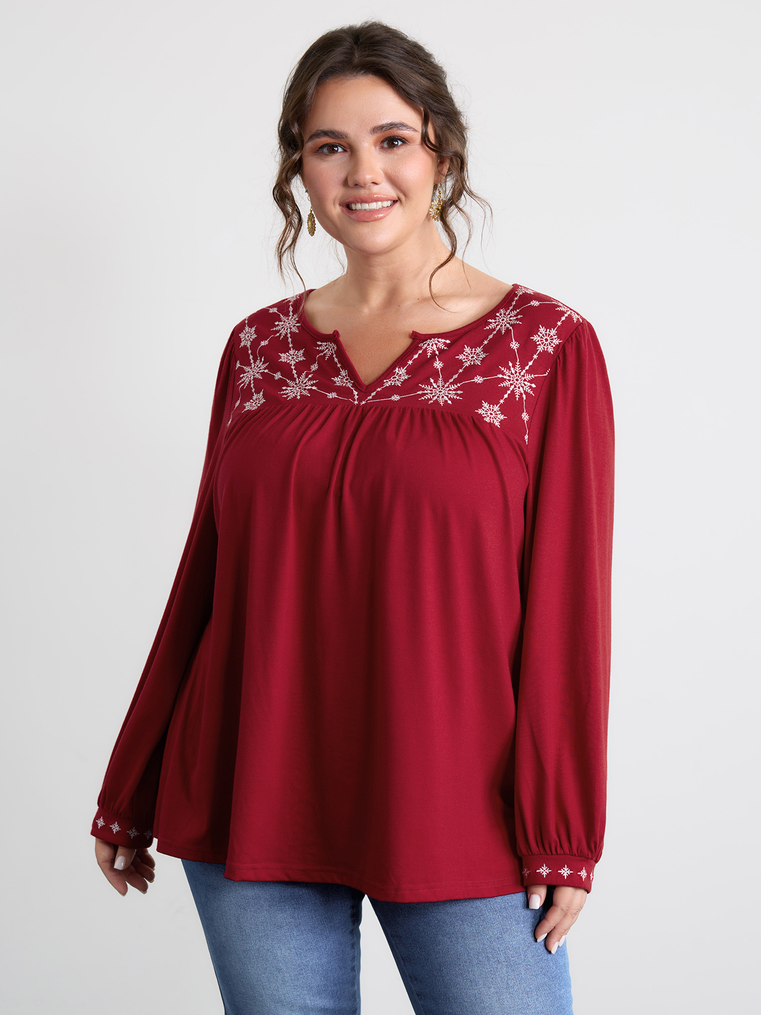 BloomChic Women's Plus Size Holiday Embroidered Neckline Pleated Knit Top Scarlet Long Sleeve Everyday-Casual V-Notch Neck 10/M
