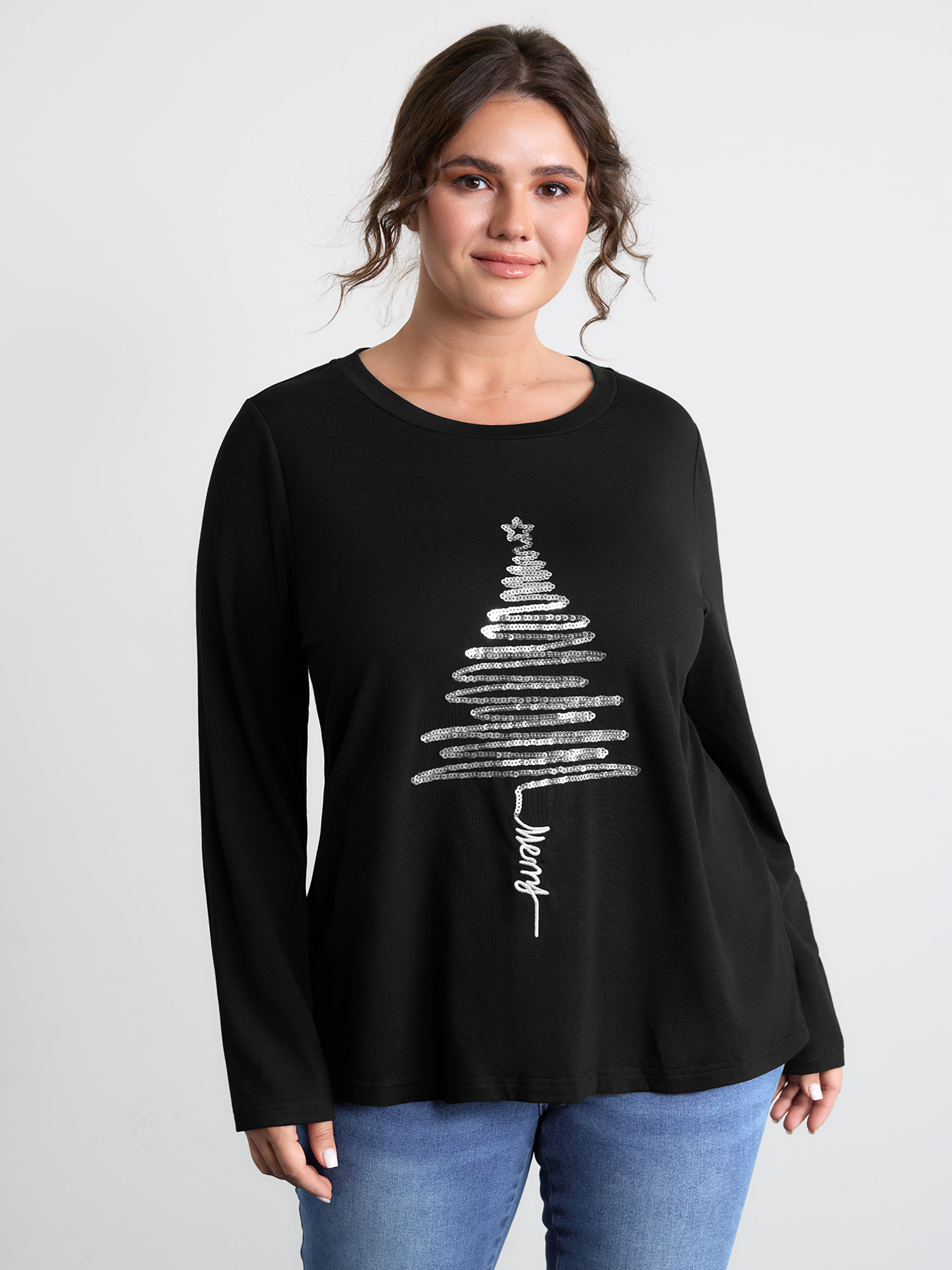 BloomChic Women's Plus Size Sequin Cord Embroidered Tree Round Neck T-Shirt Black Solid Everyday-Casual Long Sleeve Round Neck 10/M
