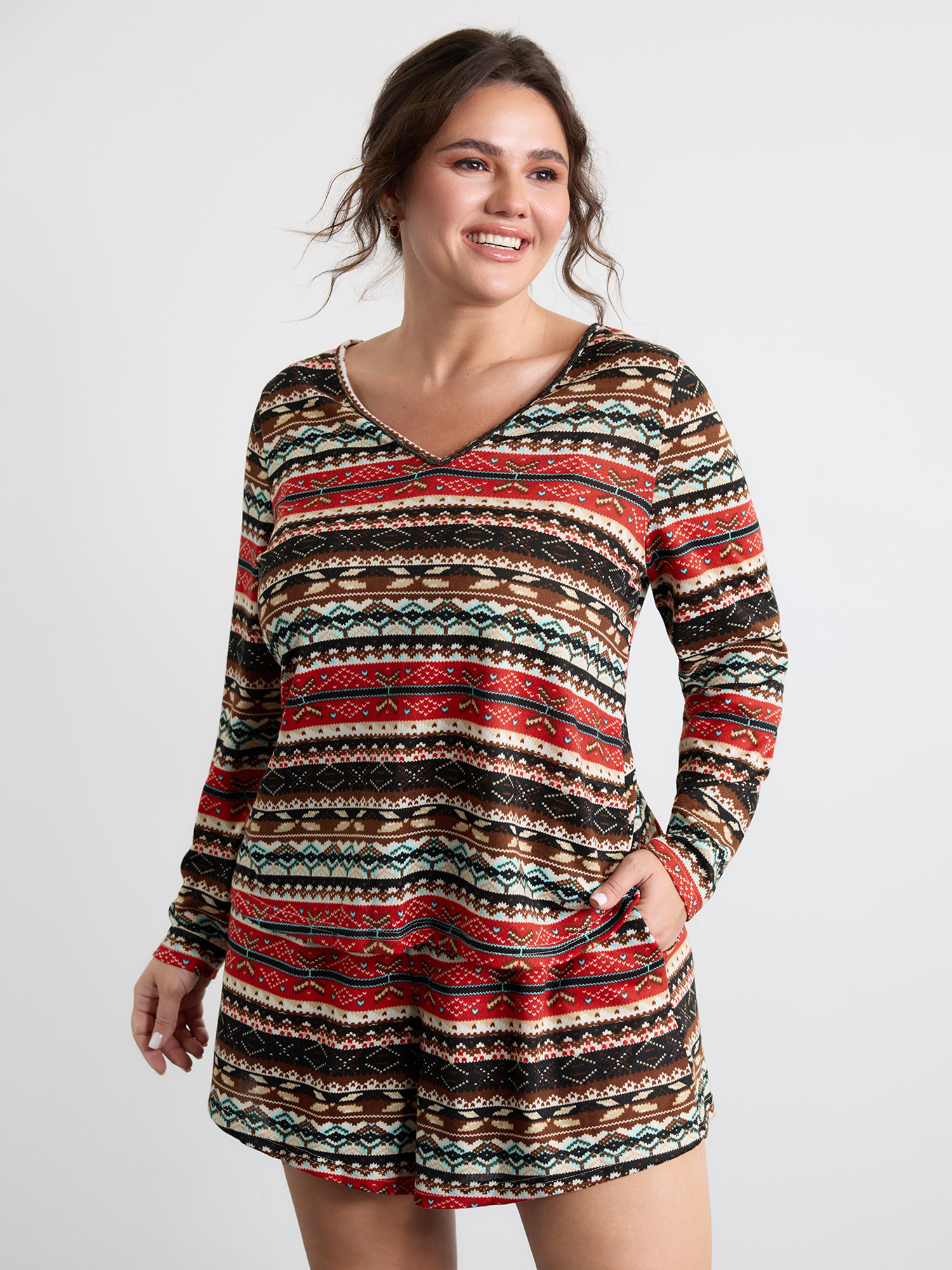 BloomChic Women's Plus Size Boho Stripes V-Neck Co-Ord Lounge Set Multicolor Ethnic Floral Long Sleeve Smocked 26/4X-image-47516733440170