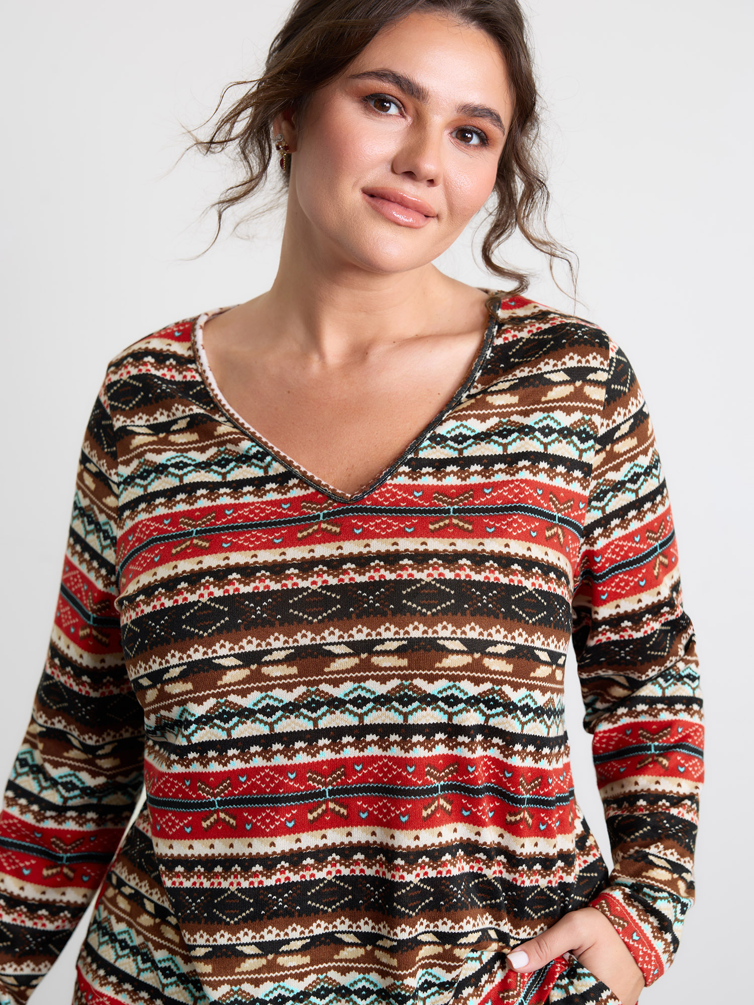 Side view of BloomChic Women's Plus Size Boho Stripes V-Neck Co-Ord Lounge Set Multicolor Ethnic Floral Long Sleeve Smocked 14-16/1X